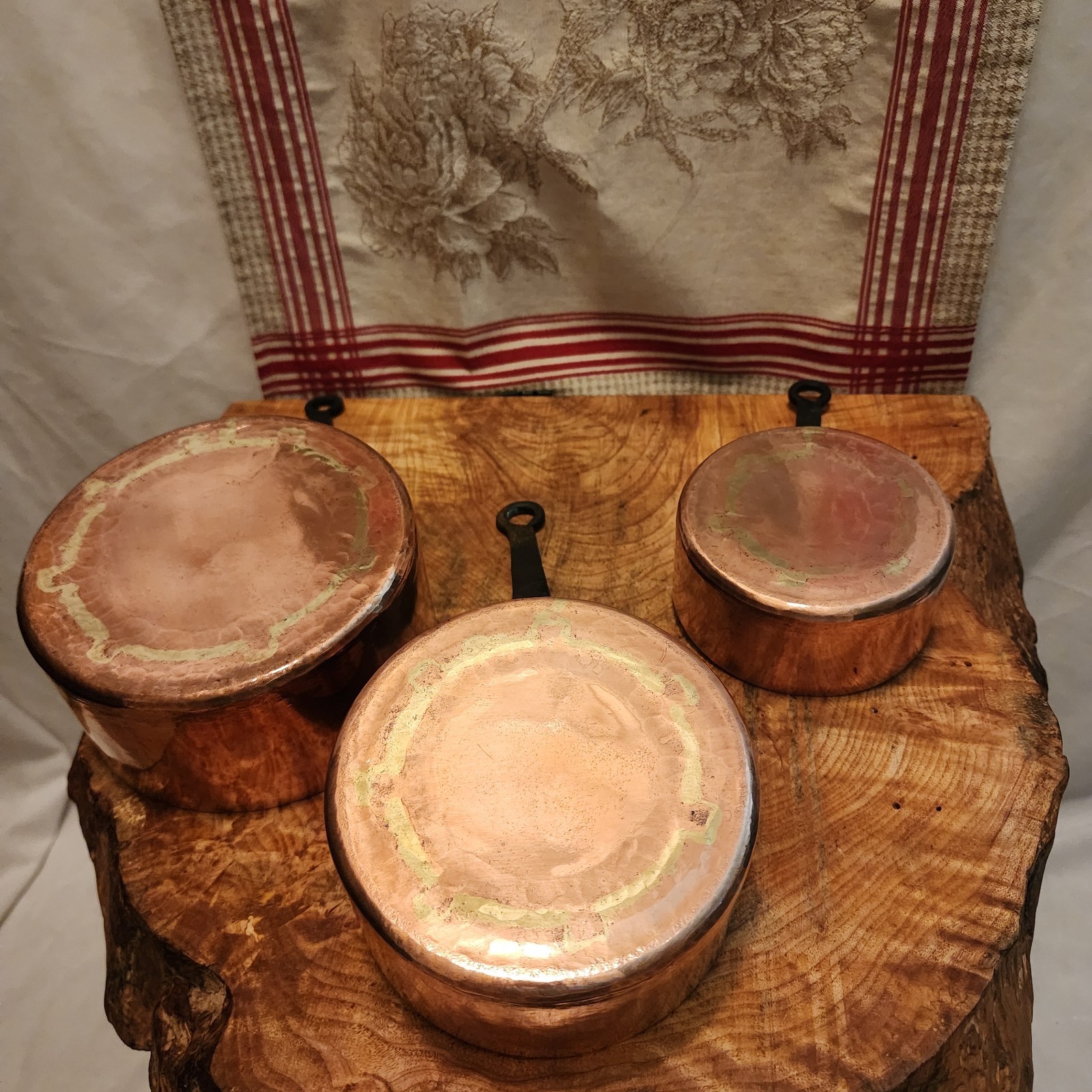 Antique Five Piece Set of Copper Saucepans 12-20cm 4.75-8 inch diameters 9.5lb