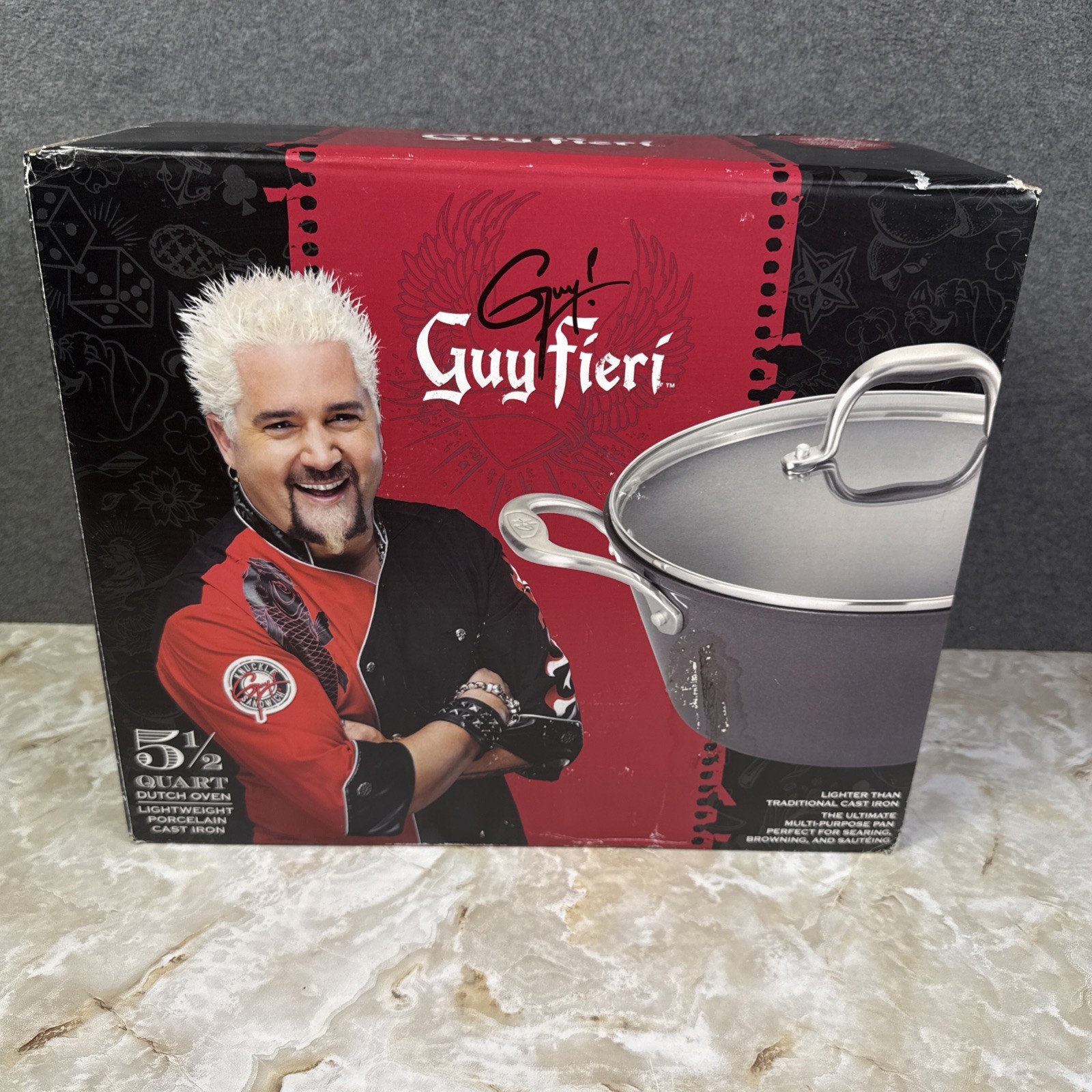 GUY FIERI 5.5 QUART DUTCH OVEN WITH GLASS LID PORCELAIN CAST IRON LIGHT Open Box