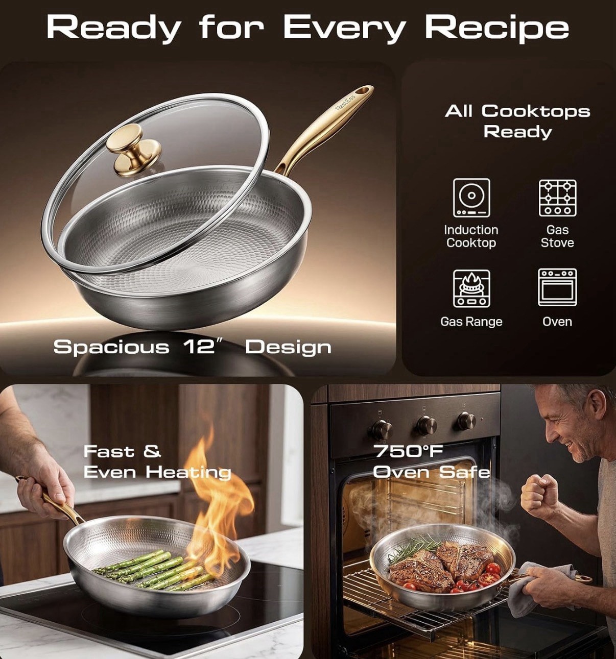 Titanium Pans for Cooking, 12″ Pure Titanium Non Stick Frying Pans with Lid
