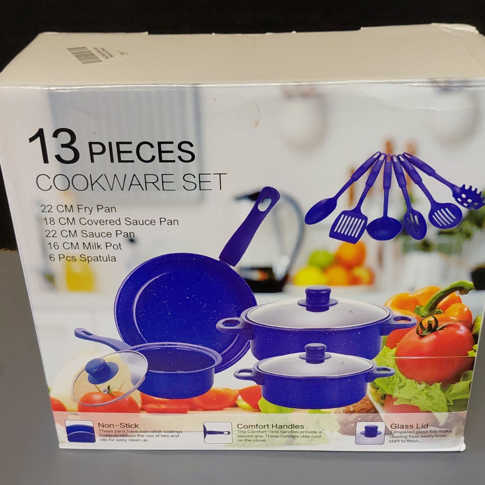 13-Piece Non-Stick Cookware Set Blue with Fry Pan, Sauce Pan, Milk Pot, Spatulas