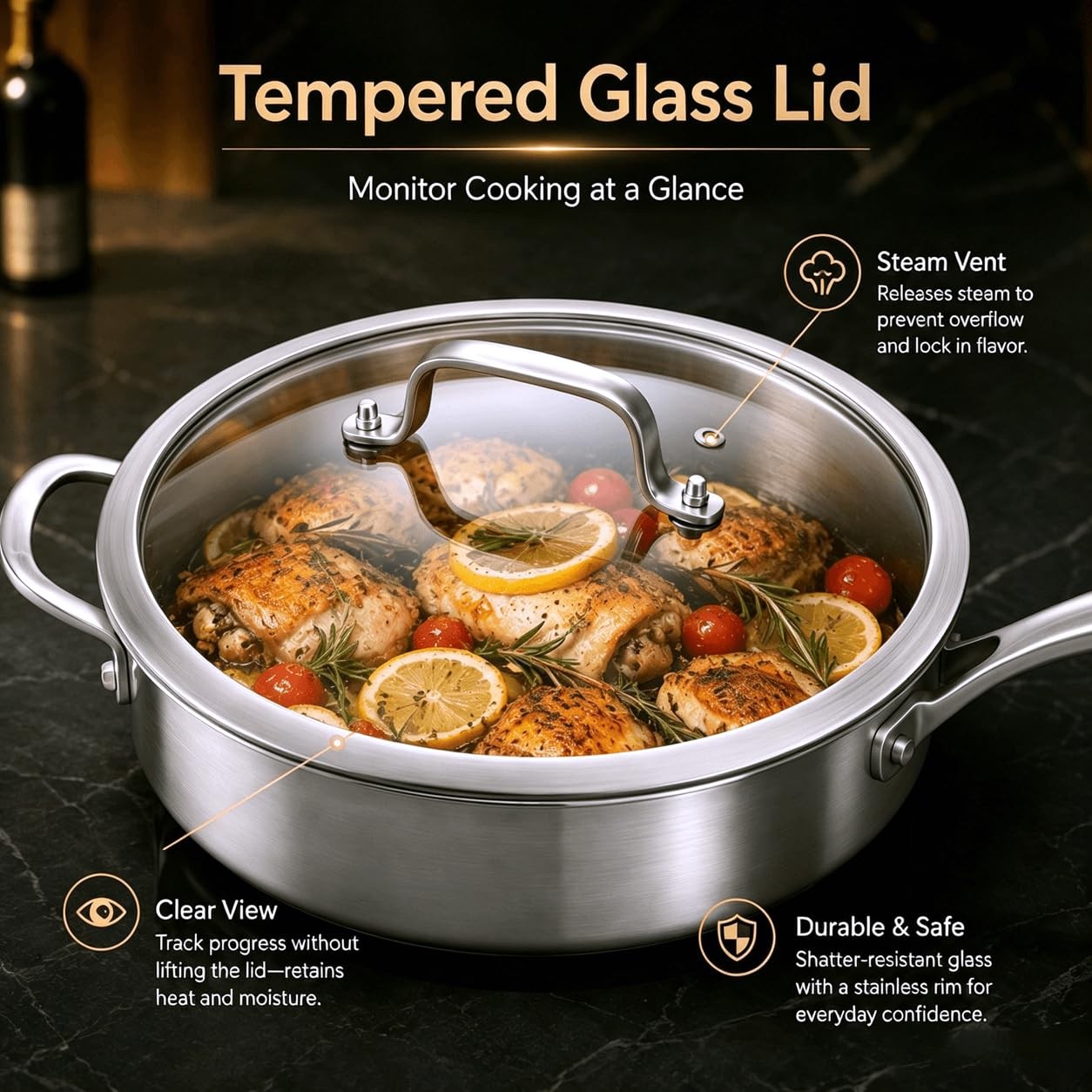 Tri-Ply Stainless Steel Frying Pan,12 inch Skillet with Lid,6 Quart Saute Pan…