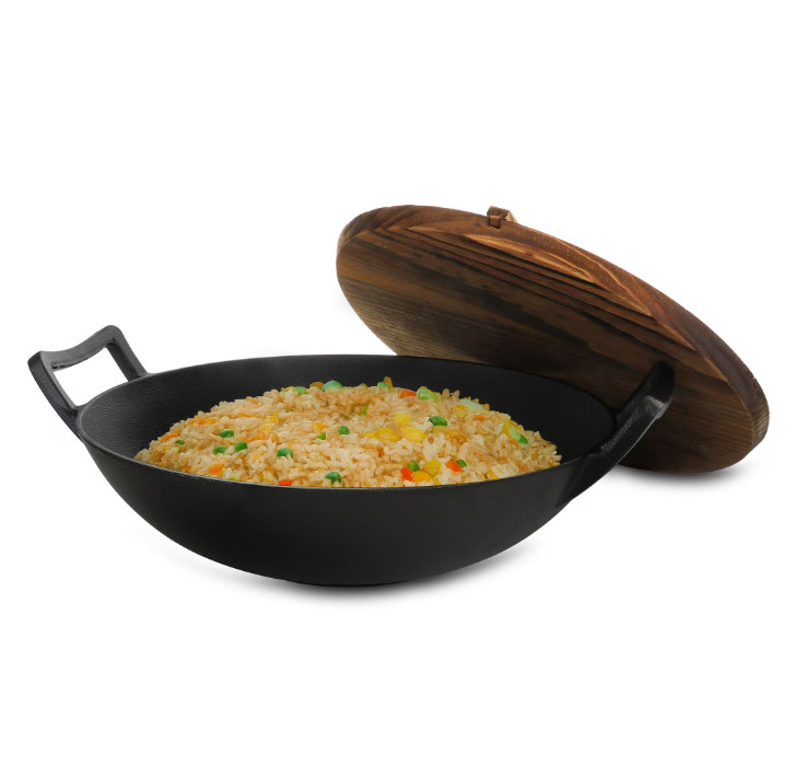 MegaChef 14 Inch Heavy Duty Cast Iron Wok with Wood Lid