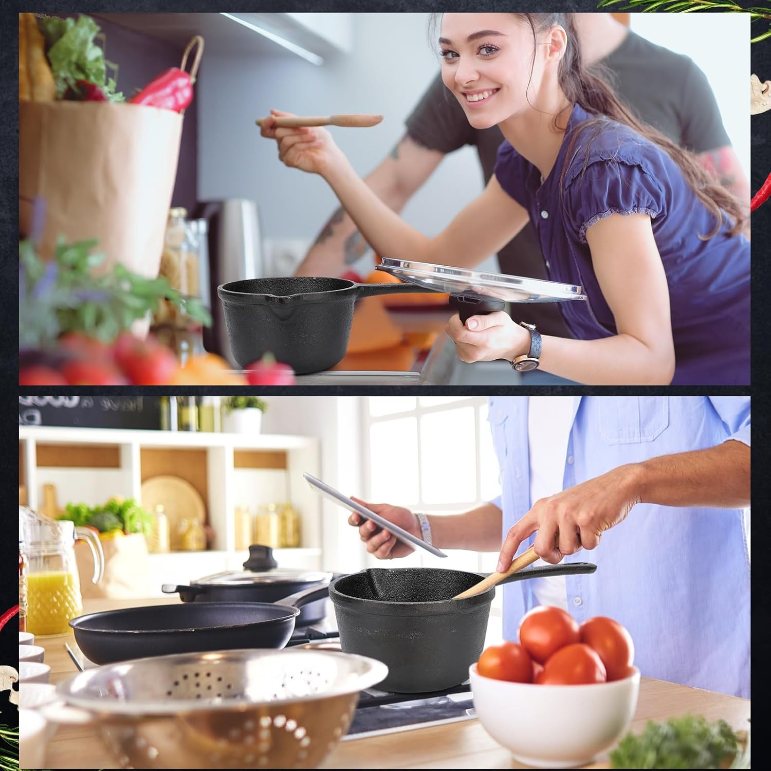 2 Pcs Cast Iron Sauce Pan 1.2 Quart Basting Pot with Handle Small Pre-seasoned