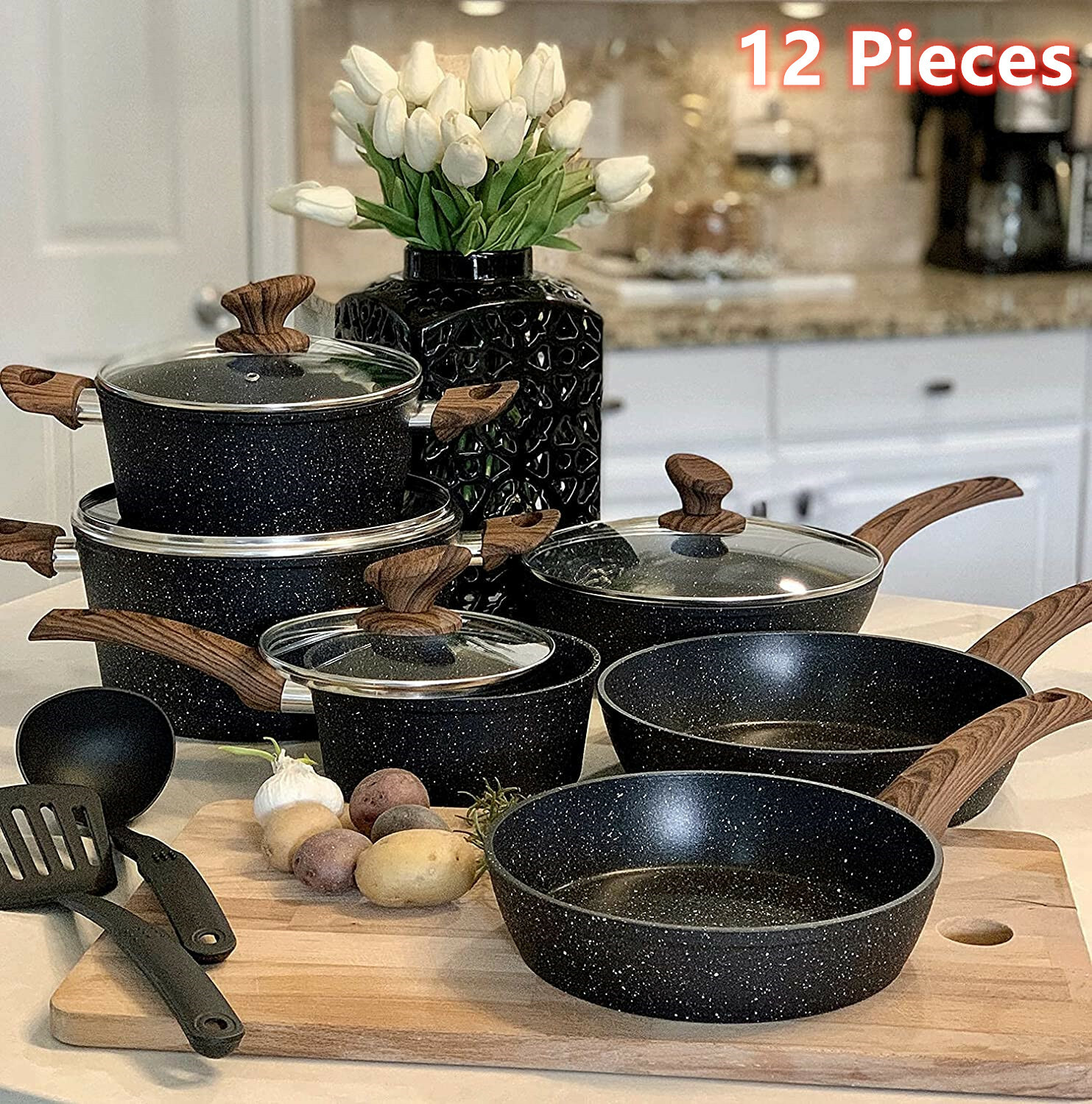 12 Pieces Kitchen Pots & Pans Set Nonstick Cookware Set Granite Coated with Lids