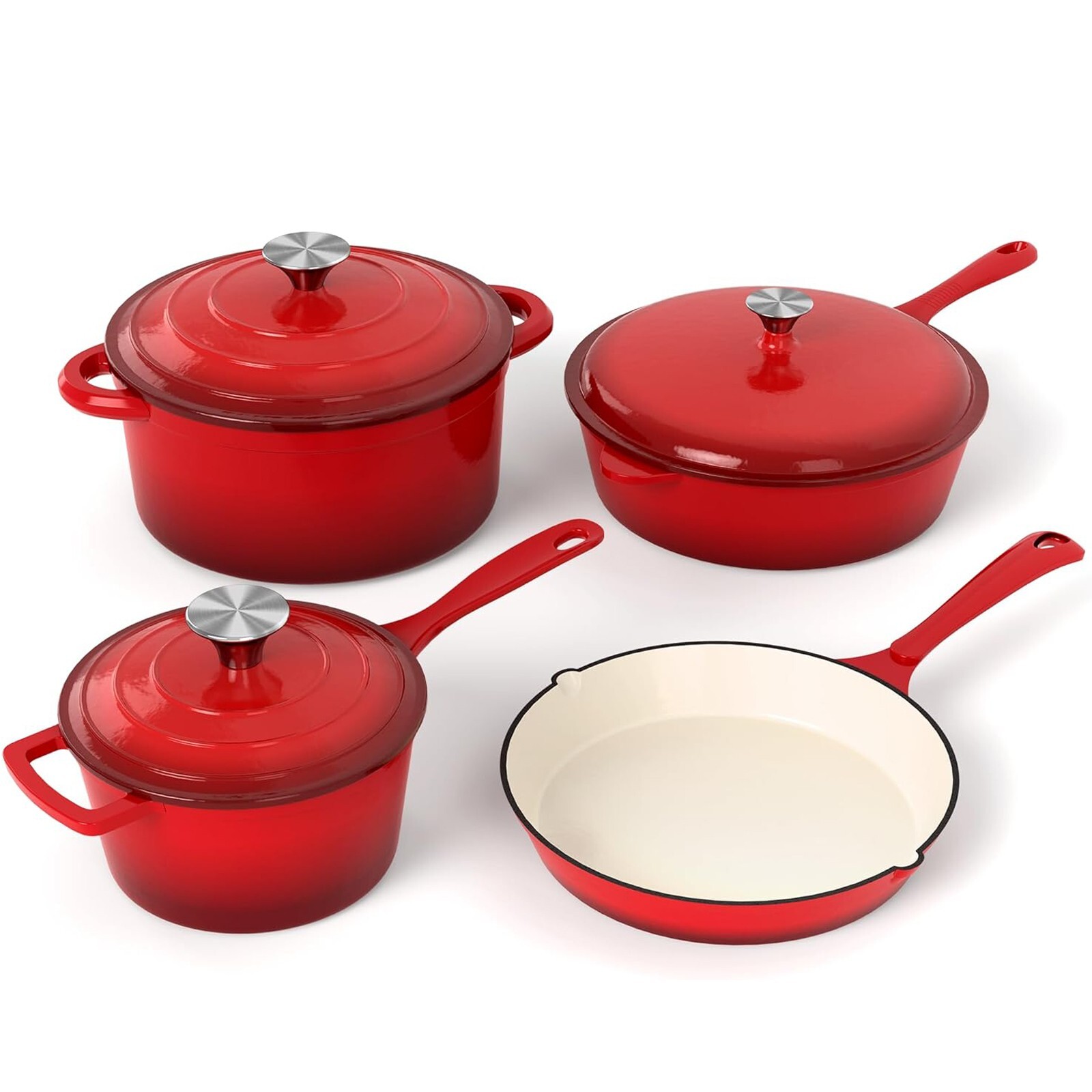 Enameled Cast Iron Cookware Set – 7 Piece Pots and Pans Set – Set of Dutch Ovens