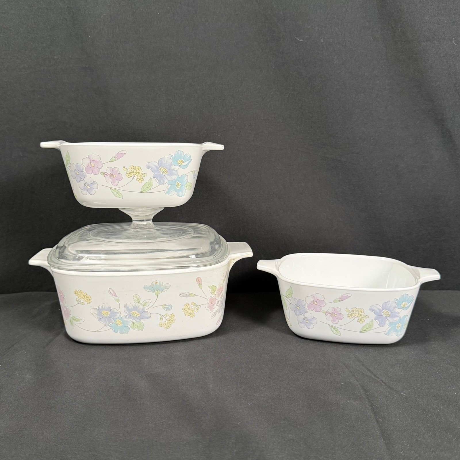 Corning Ware Pastel Bouquet Casserole Set 1.5L & Lid 2 Petite Pans VTG 1985-90