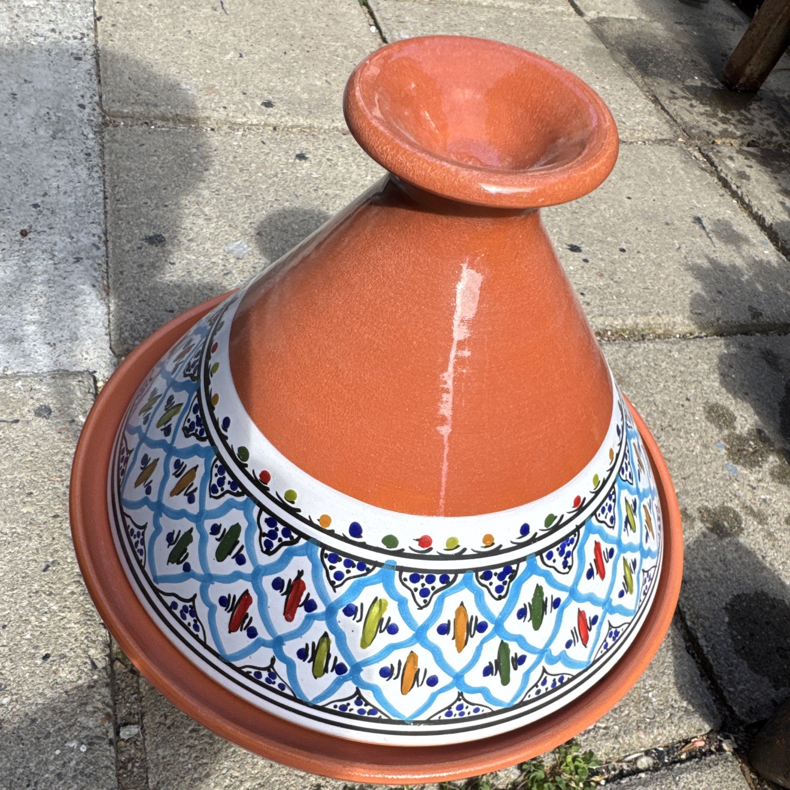 Terracotta Ceramic Tagine w/ Conical Lid Hand-Painted Blue White Multicolor