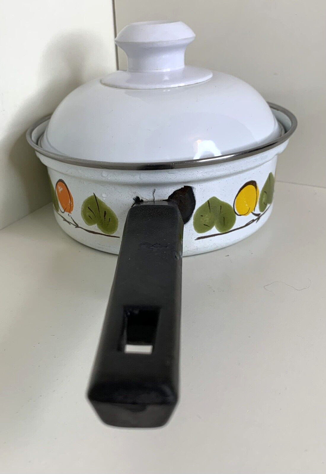 Austria Email VTG 6-1/2″ diameter Sauce Pan Domed Lid Orange Yellow Green White