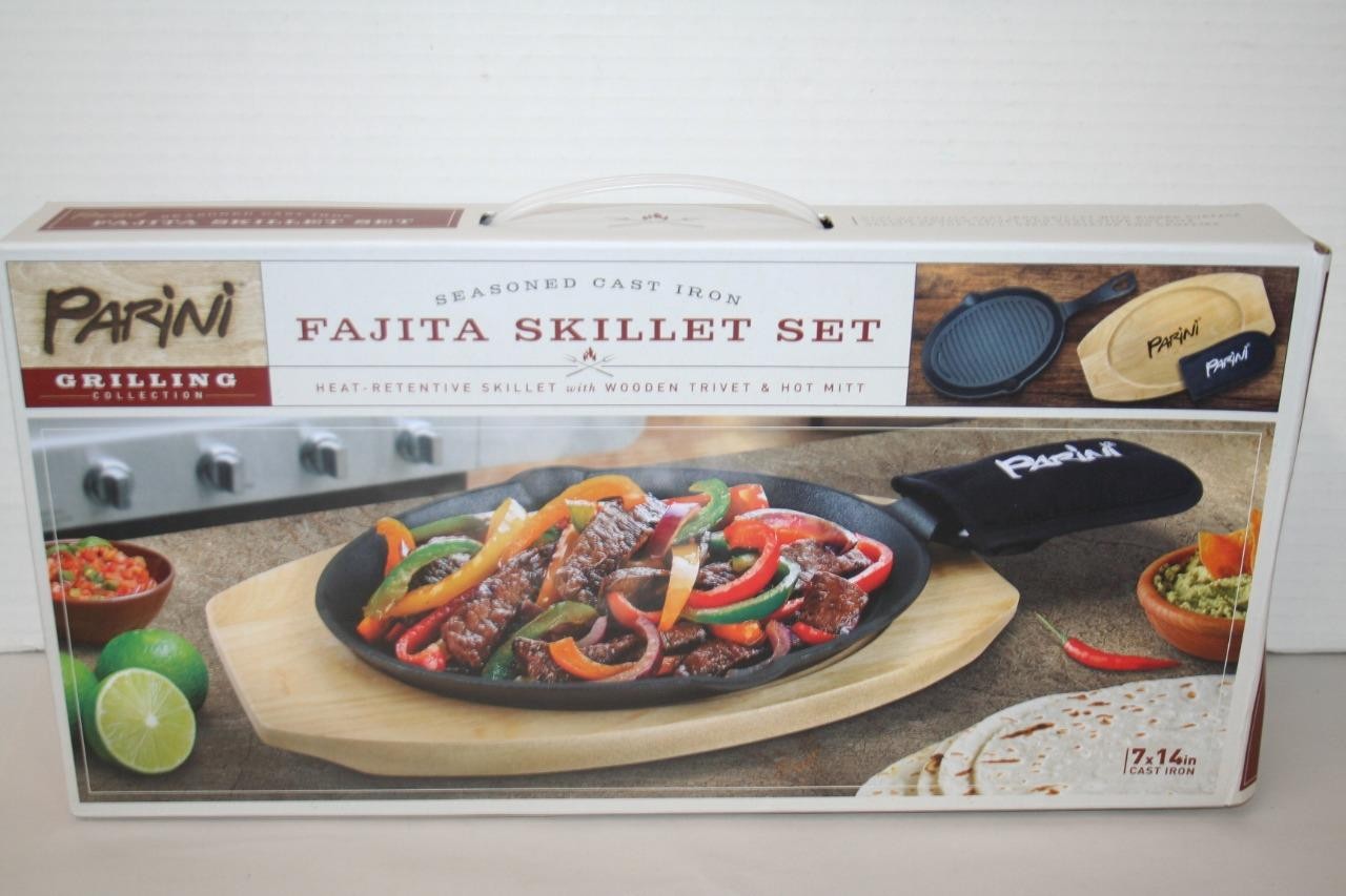 3 pc Pre-seasoned 7″x14″ Cast Iron Fajita Skillet Set Wood Trivet Hot Mitt BNIB