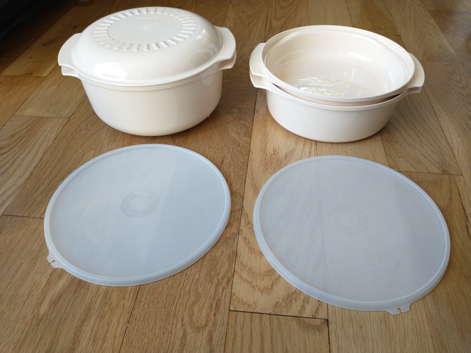 Tupperware Microwave Almond Stack Cooker 12oz, 9oz, 2-8oz Lid 2 -O- Lids