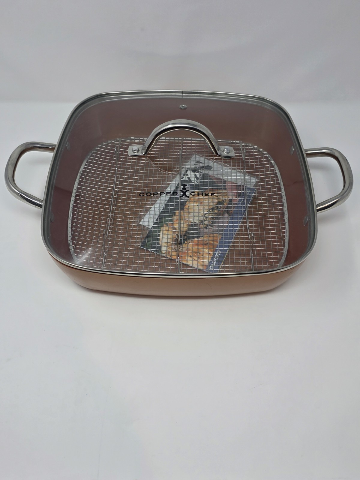 New Copper Chef 12″ Square Deep Fry Pan Skillet w/ Glass Lid Rack Recipe Book