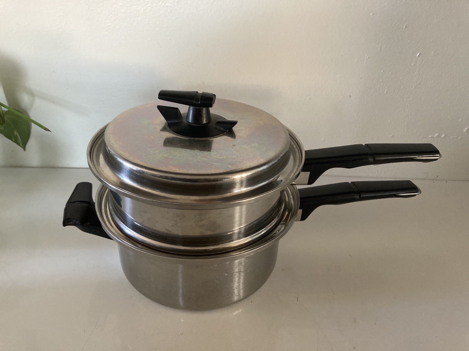 Vtg VACUMATIC 2qt SAUCEPAN w/STEAMER & VENT LID Surgical Stainless Steel 304 Flw