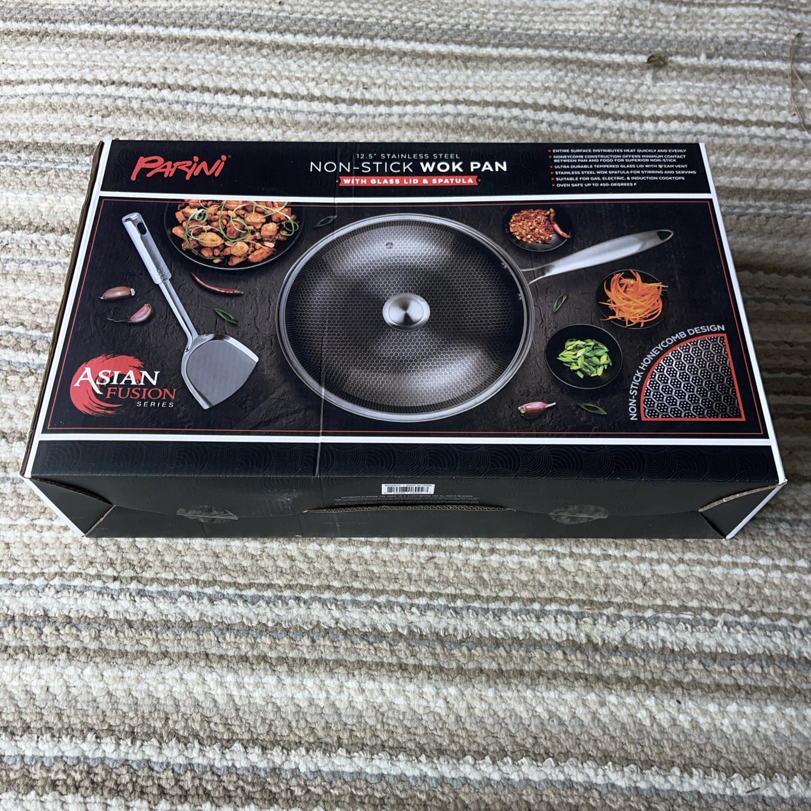 Parini 12.5″ Stainless Steel Non-Stick WOK Pan W/Glass Lid & Spatula New In Box