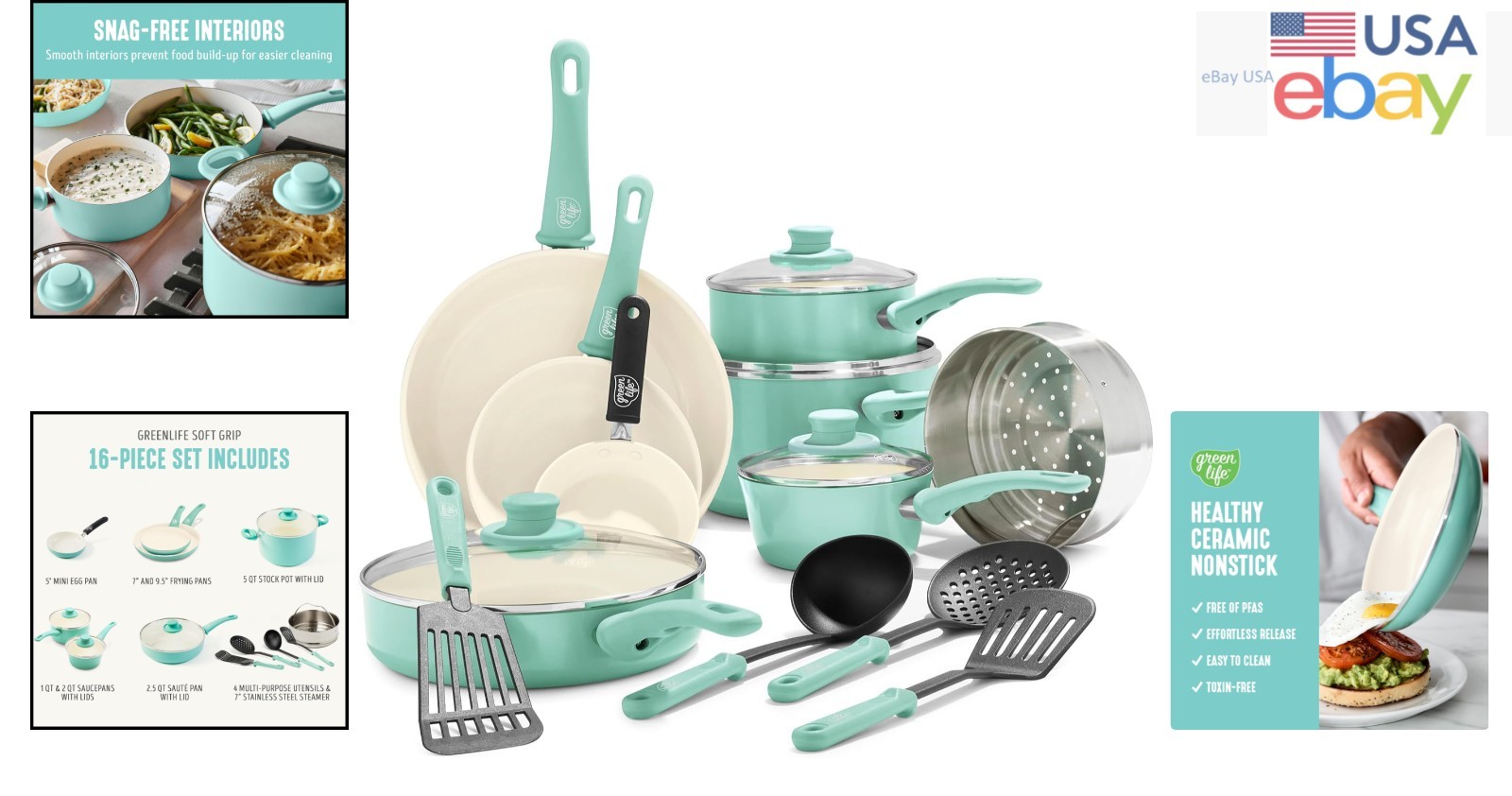 16 Piece Nonstick Ceramic Cookware Set with Glass Lids and Stay-Cool Handles