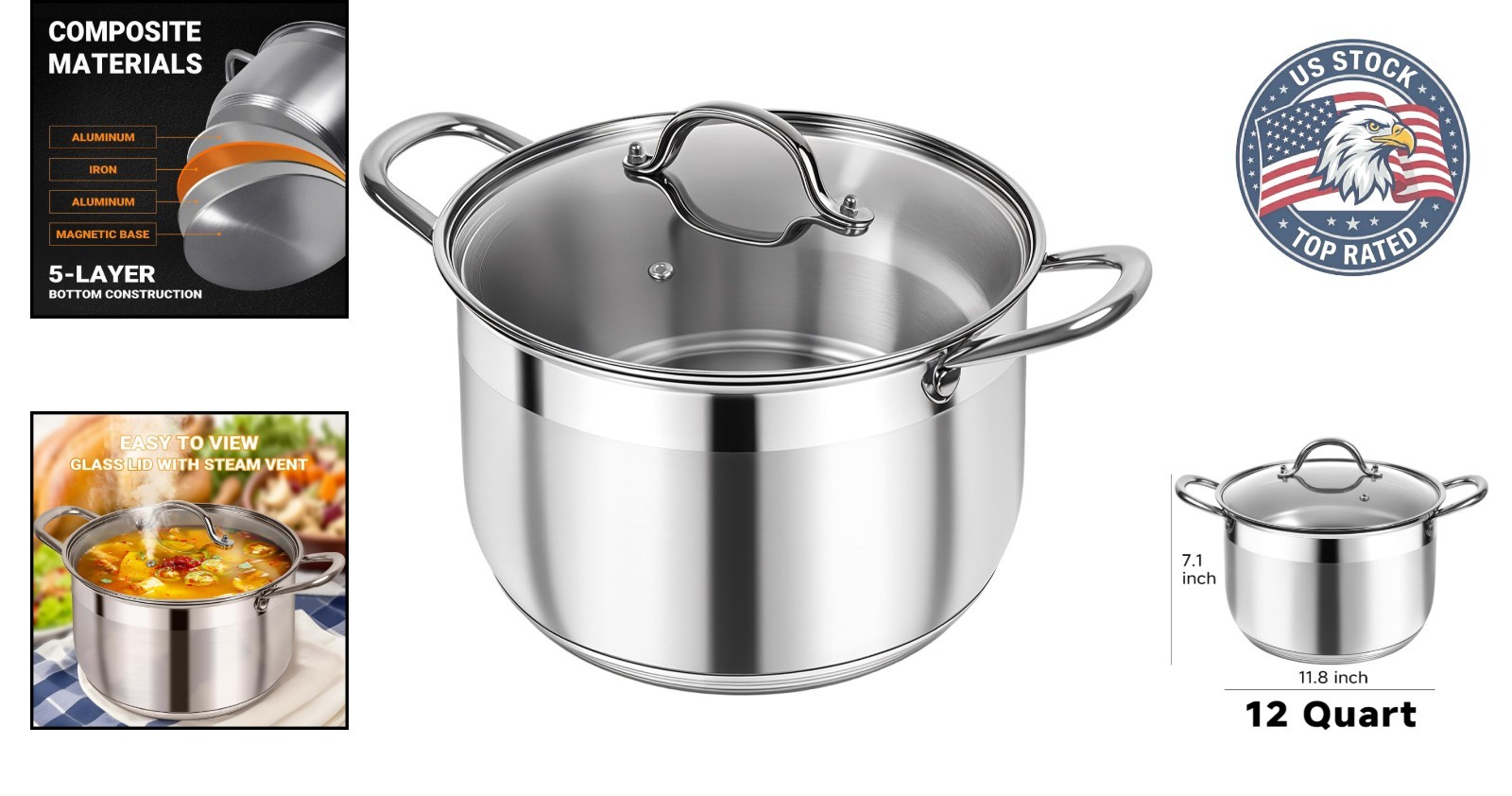 Non-Stick 12 Quart Stainless Steel Pot with Riveted Handles & Transparent Lid