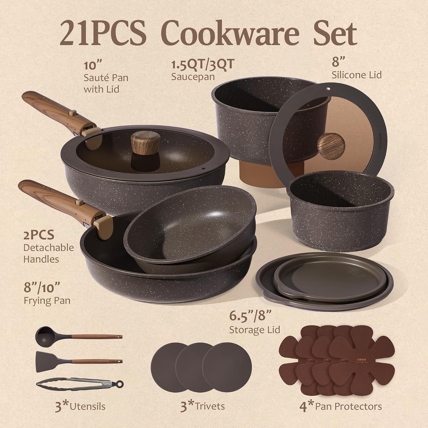 CAROTE 21Pcs Nonstick Cookware Set Detachable Handle RV Induction Brown