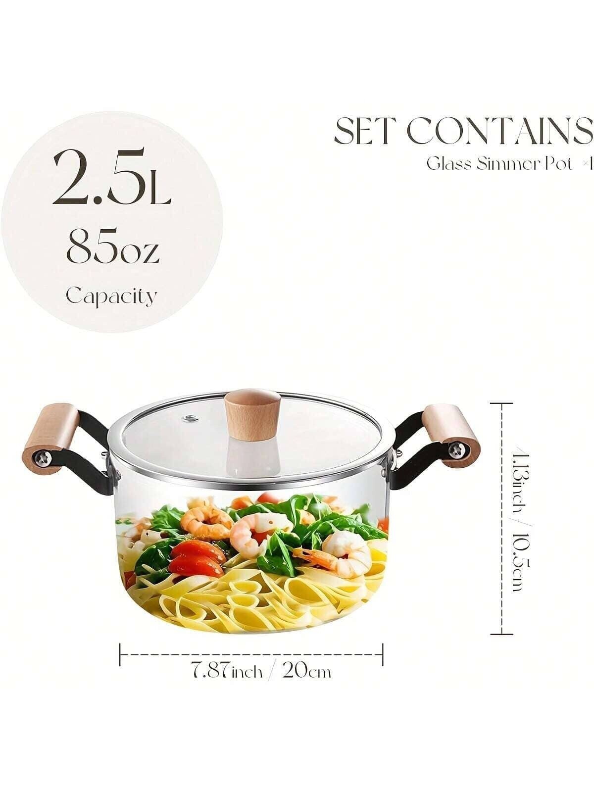 1pc Clear Glass Pot Wooden Handle Large Capacity Stovetop Stew Cookware
