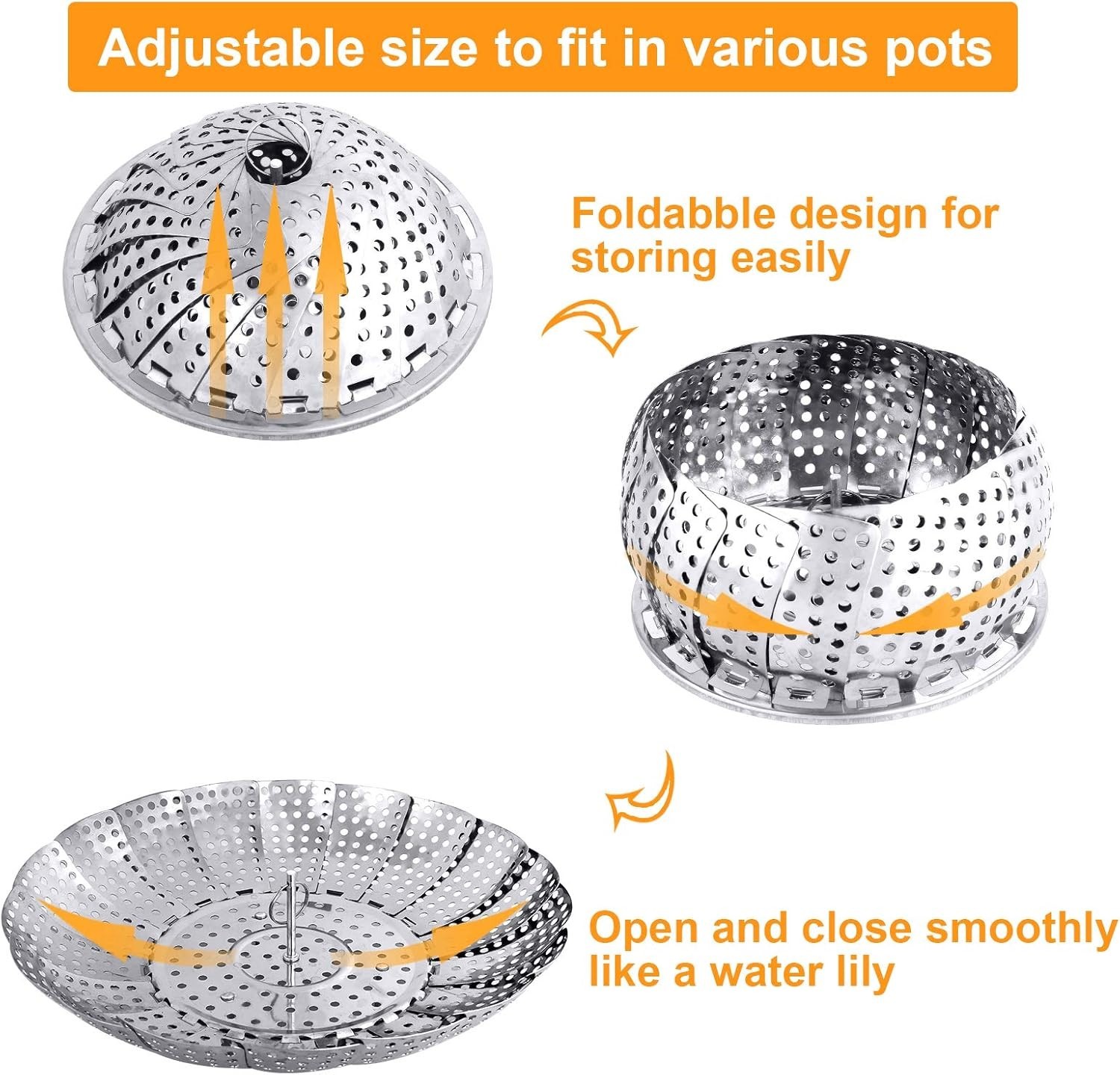 Veggie Vegetable Steamer Basket, Folding Steaming Basket, Metal Stainless Steel