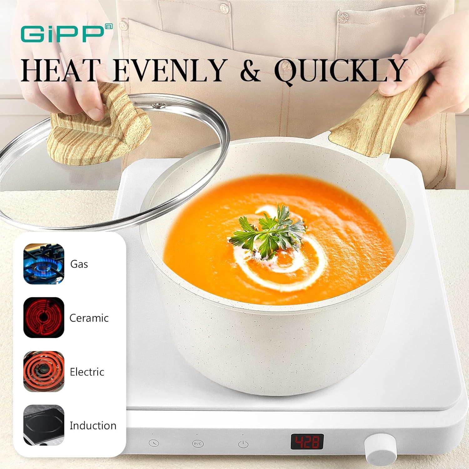 GiPP 14-Pc Nonstick Cookware Set, White Granite, Induction, PFOS/PFOA Free