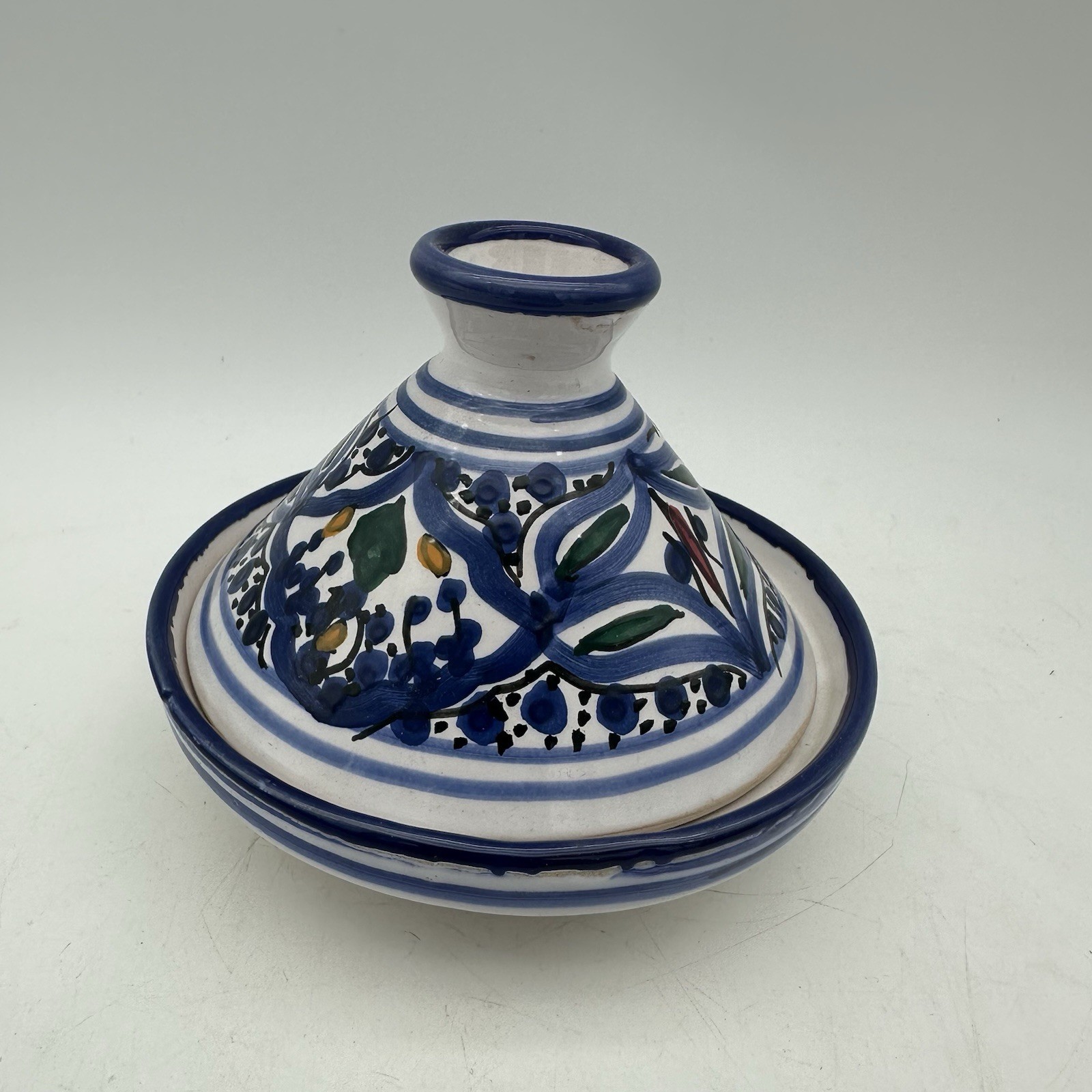 Vintage Handmade Traditional Moroccan Ceramic Tagine Dish 4.5” Blue And White