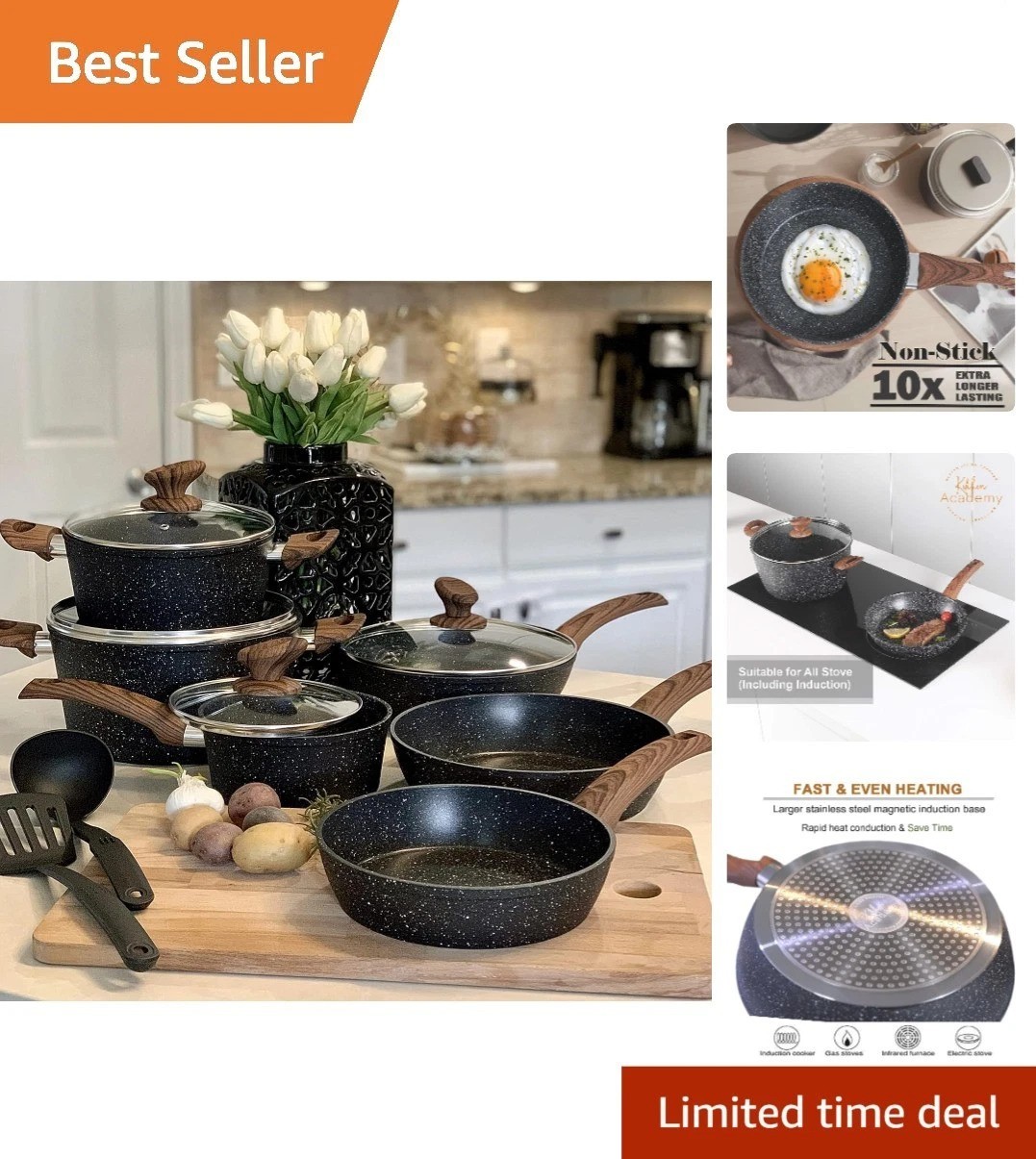12-Piece Granite Black Induction Cookware Set – Nonstick Excellence in Cooking
