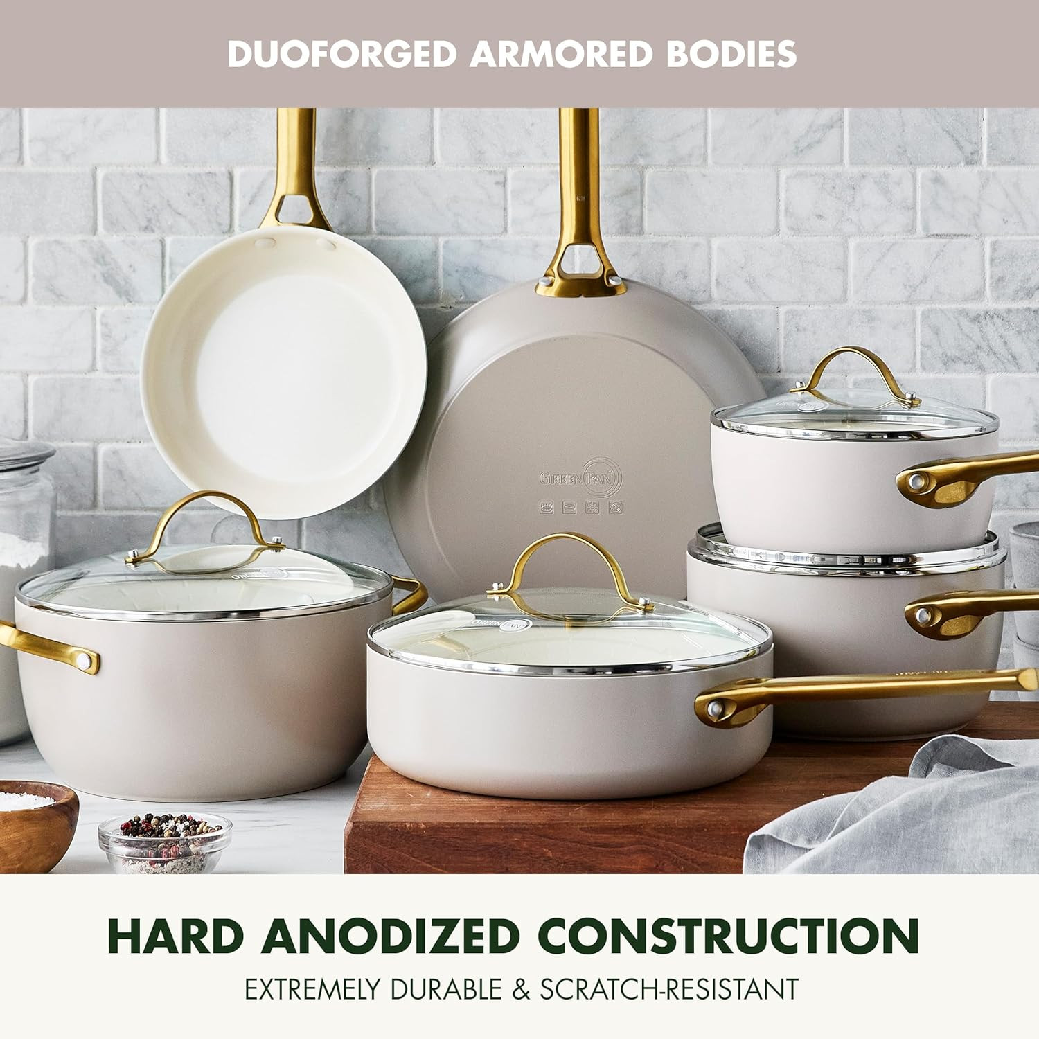 10-Piece Non-Toxic Cookware Set with Gold Handles & Glass Lids – Taupe Brown