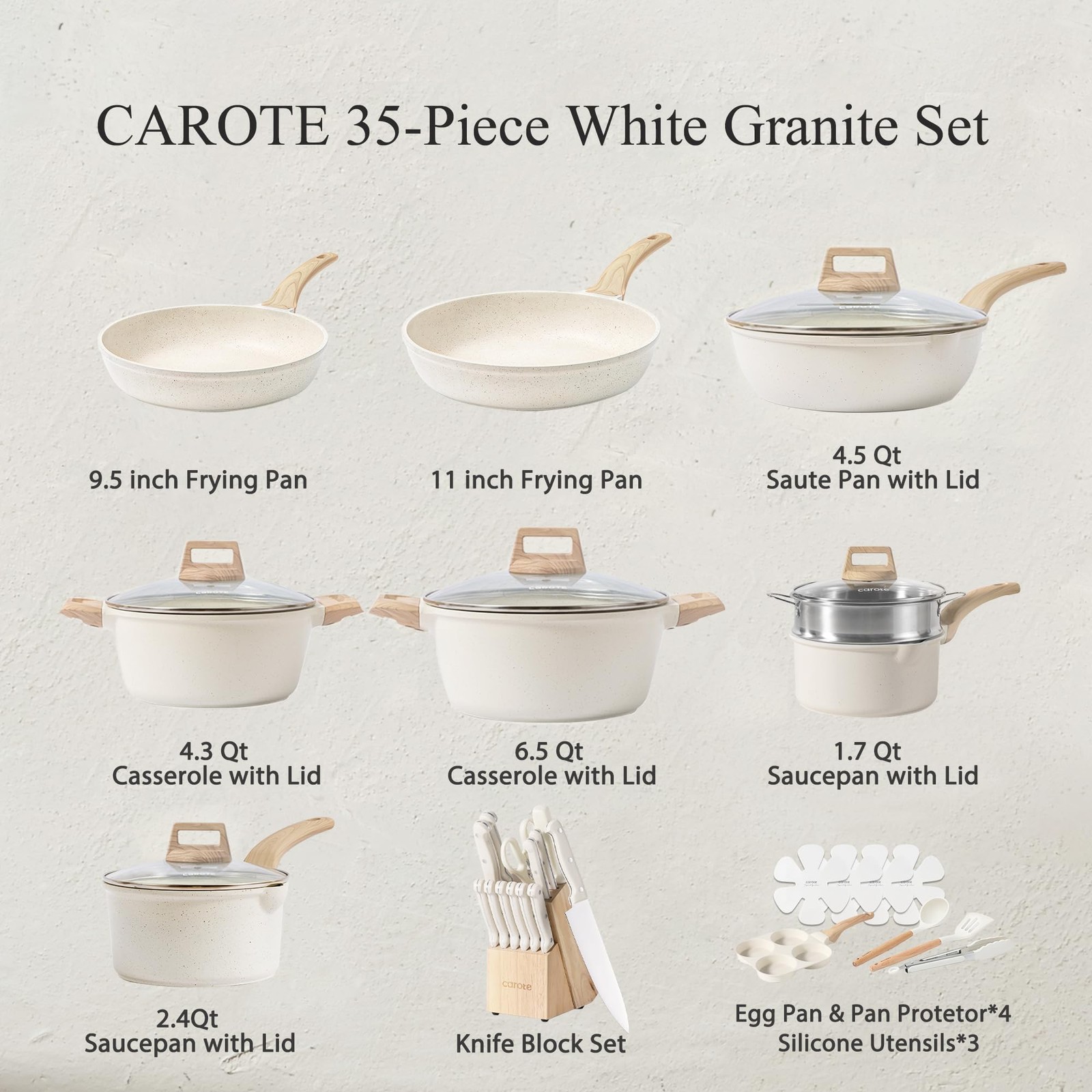 CAROTE ICE 35pcs Pots and Pans Set Nonstick Cookware Sets White Granite
