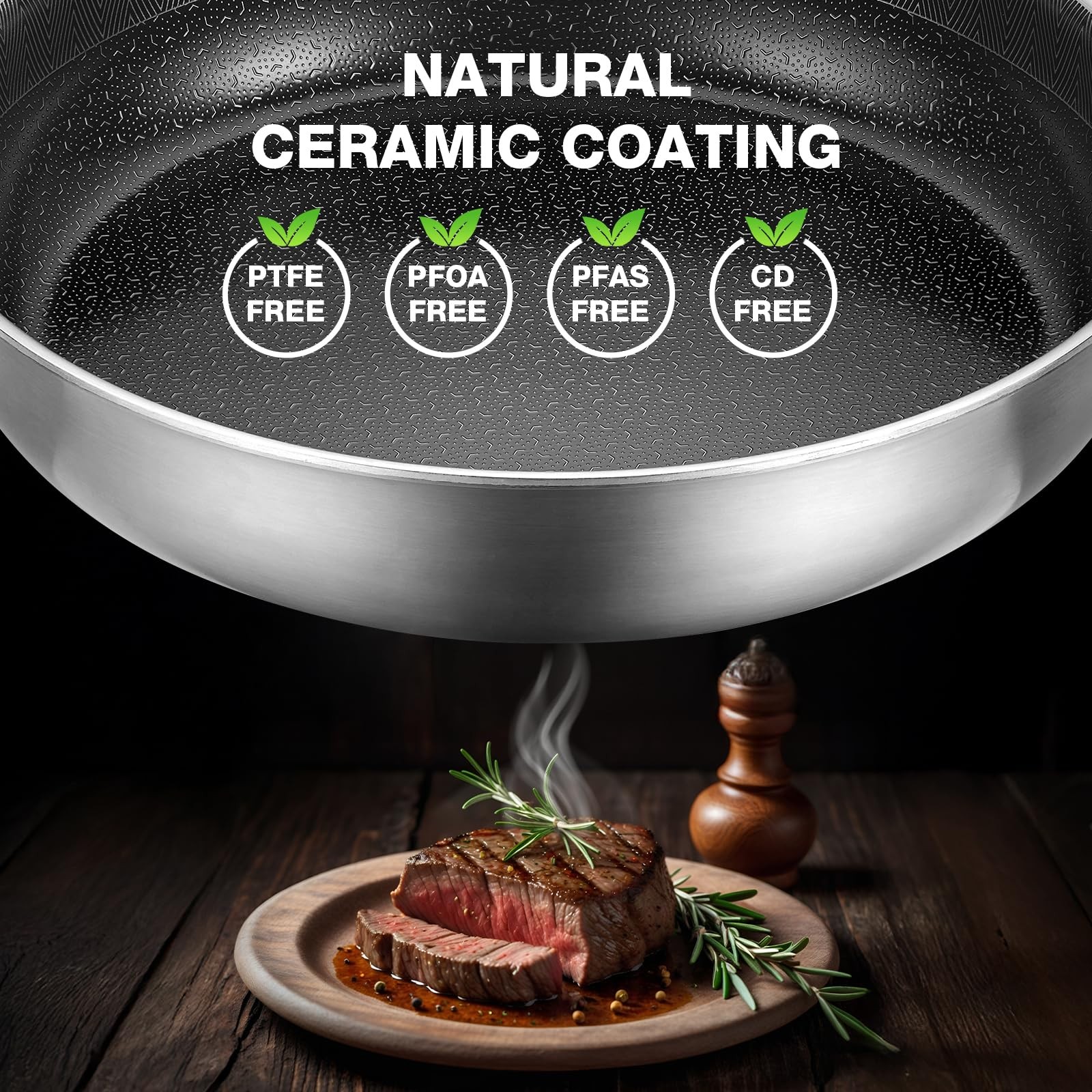 12Inch Frying Pan with Lid Ceramic Nonstick Stainless Steel Skillet