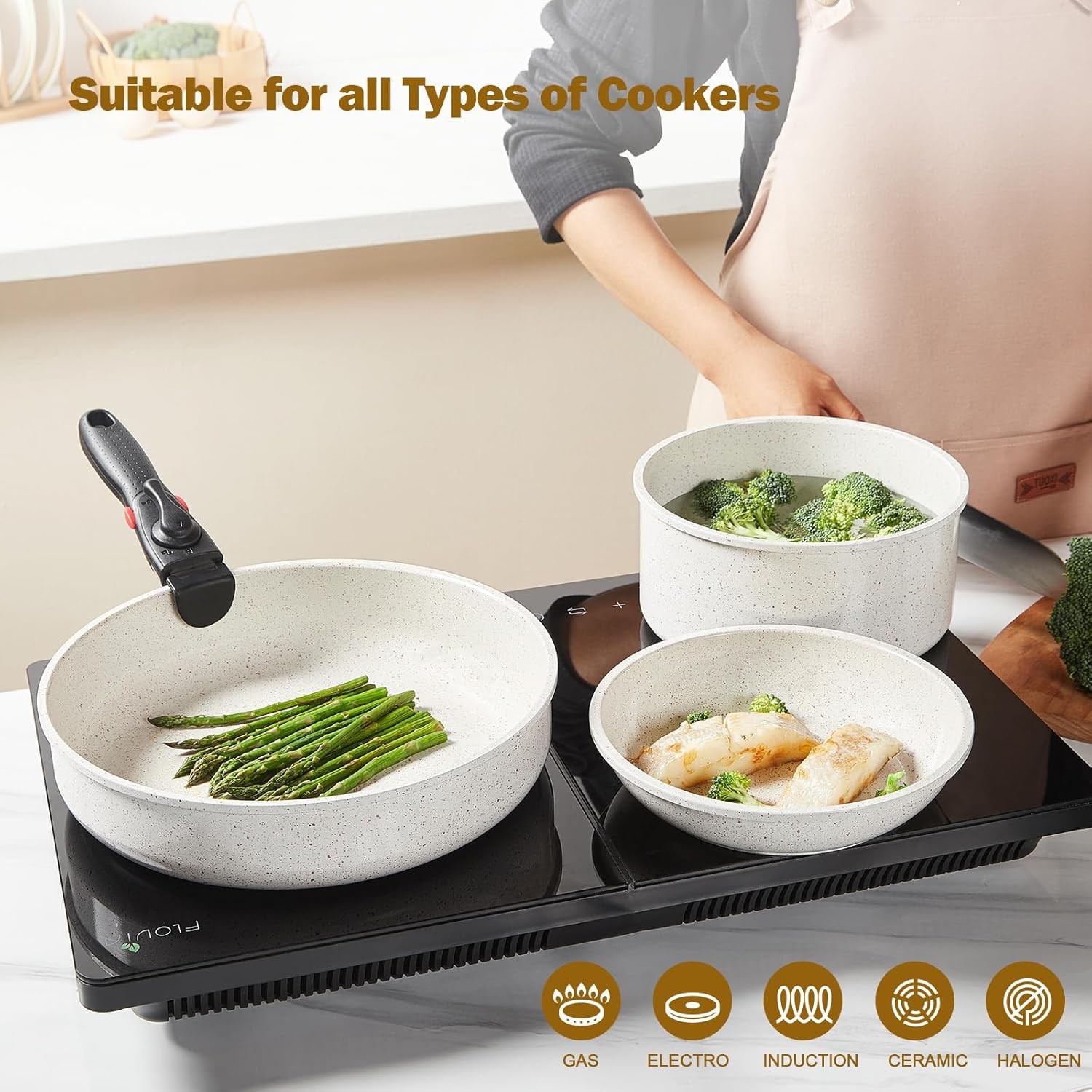 ROSSETTO 17pcs Pots and Pans Set Non Stick from France, Ceramic Cookware Set wit