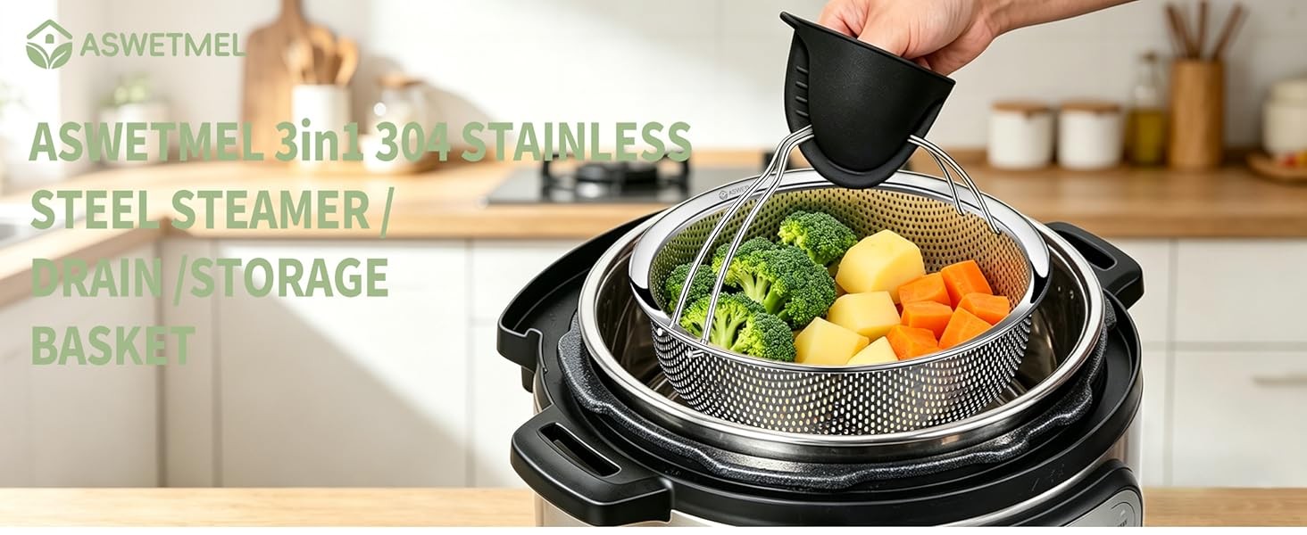 Stainless Steel Steamer Basket with Handle and Glove Diameter 8.66″, Steamer