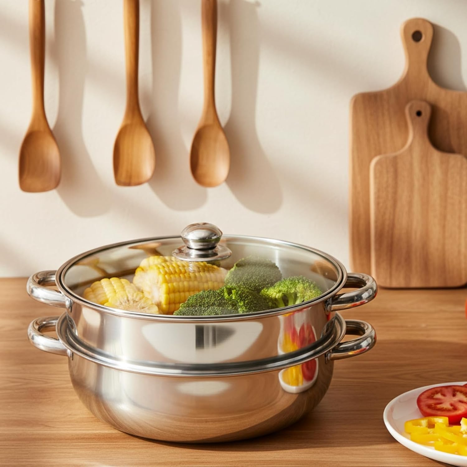 Steamer Pot With Lid 2 Tier, Multipurpose Stainless Steel Steaming Pot