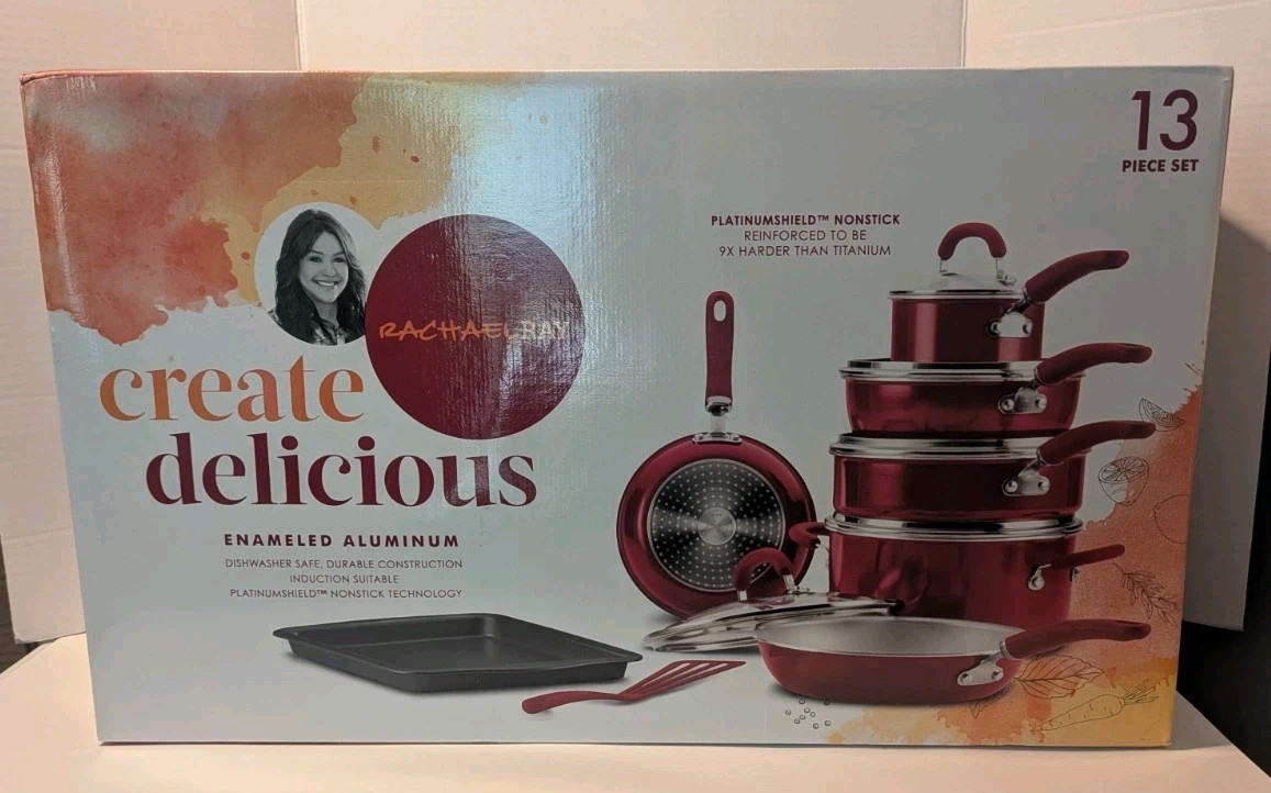 Rachael Ray Create Delicious Aluminum Nonstick Cookware Set, 13-Piece, Red