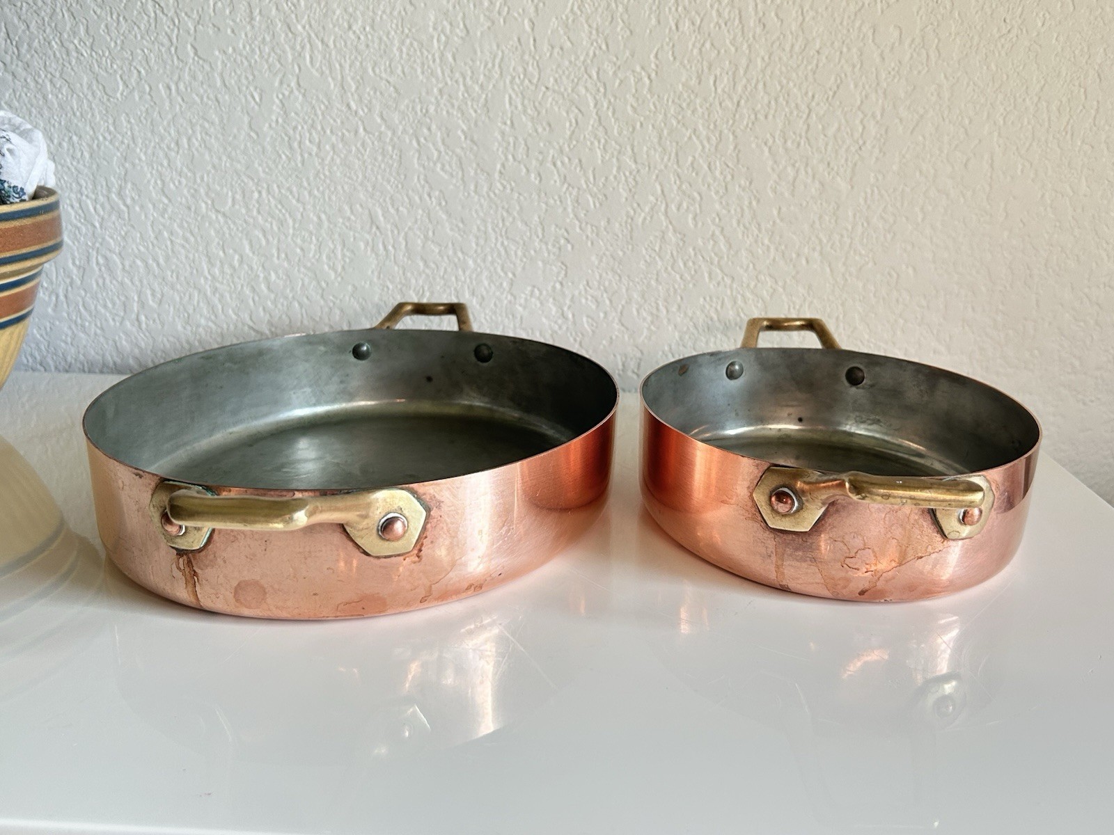Vintage Copper Tin Lined Brass Handle Gratin Pan Set 2 Cobre Made in Chile