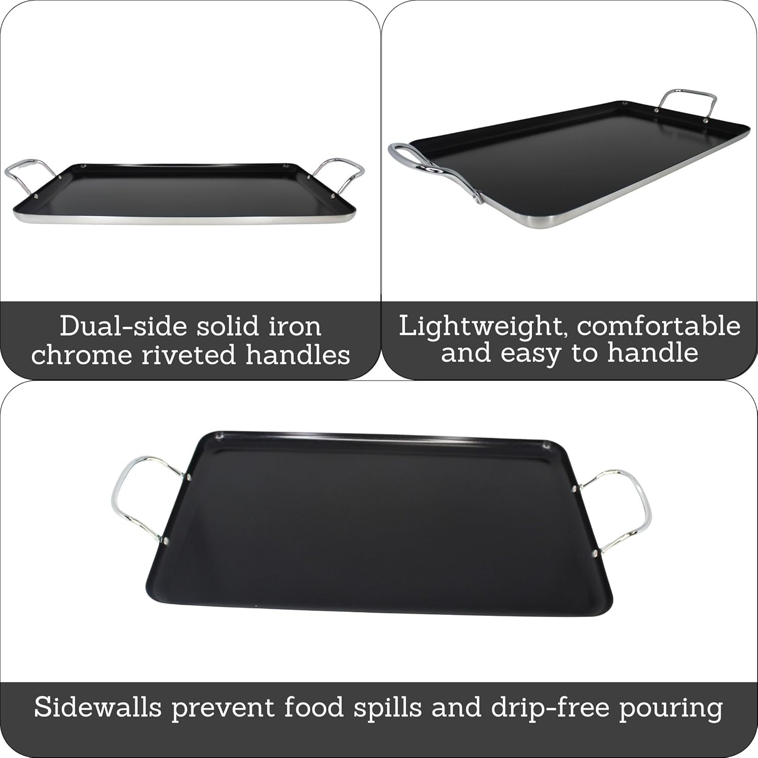 19″ Ceramic Nonstick, Stovetop Double Burner Griddle with Metal Handles Black