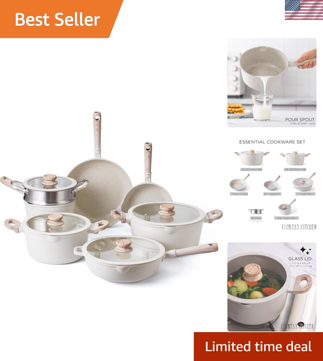 11-Pc Non-Stick Cast Aluminum Cookware Set – Durable Kitchen Essentials in Cream