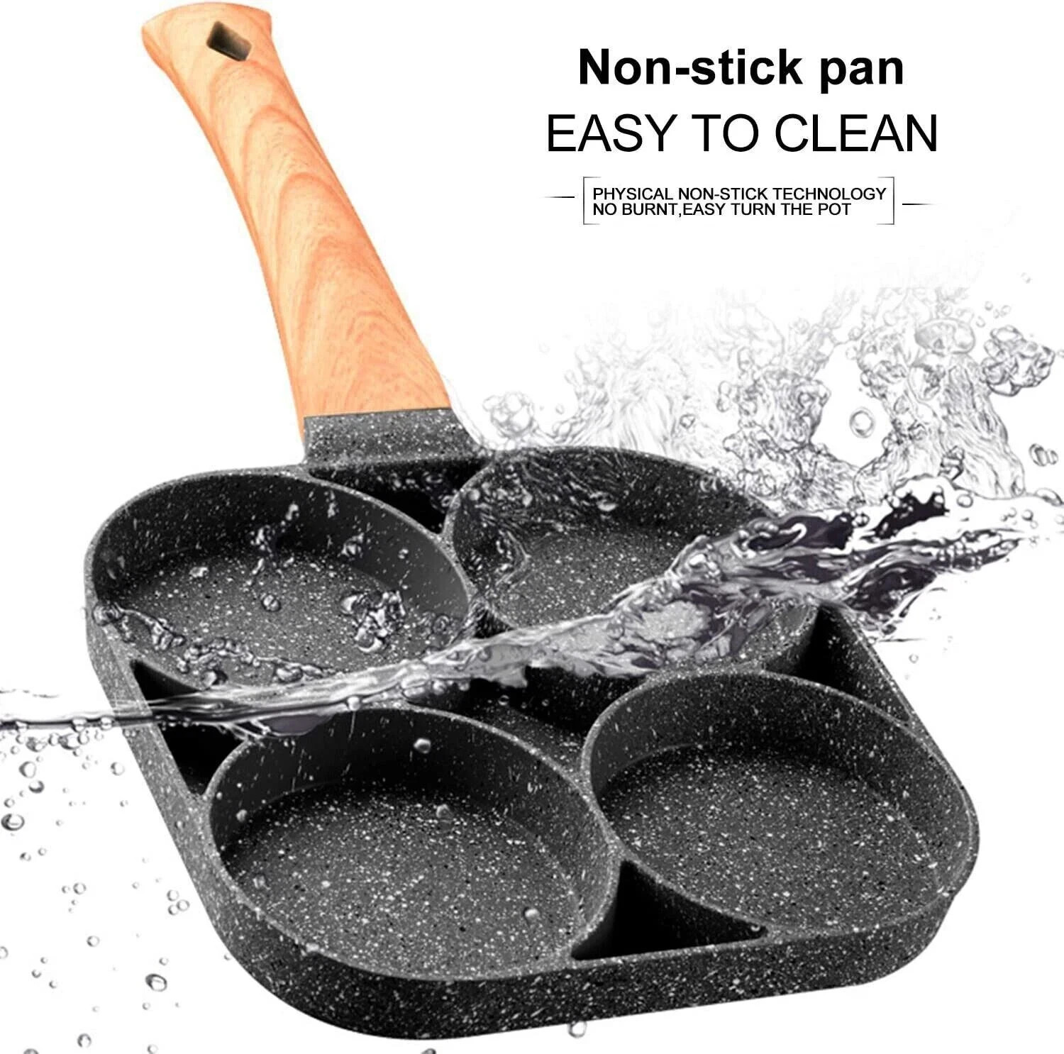 4 Holes Egg Fry Pan Pancake Maker Non-stick Egg Hamburger Pan W/ Wooden Handle