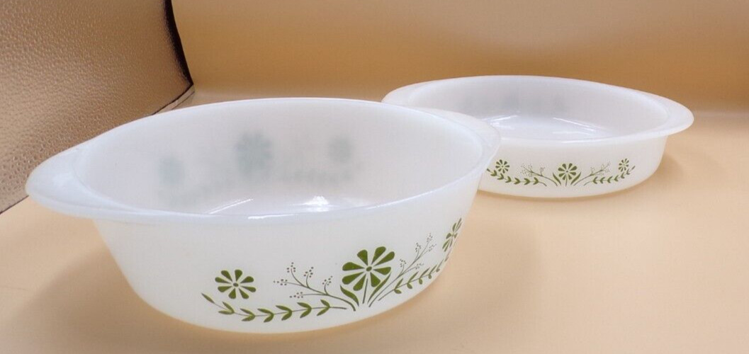 Vtg Glasbake 8.5″ Green Daisy Casserole Dish NO Lid 2 Qt USA J514 Ovenware + one