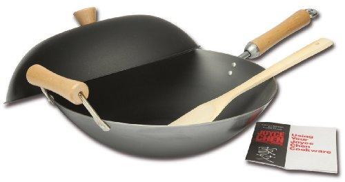 Joyce Chen , Classic Series Carbon Steel Wok Set, 4-Piece, 14-Inch, Charcoal