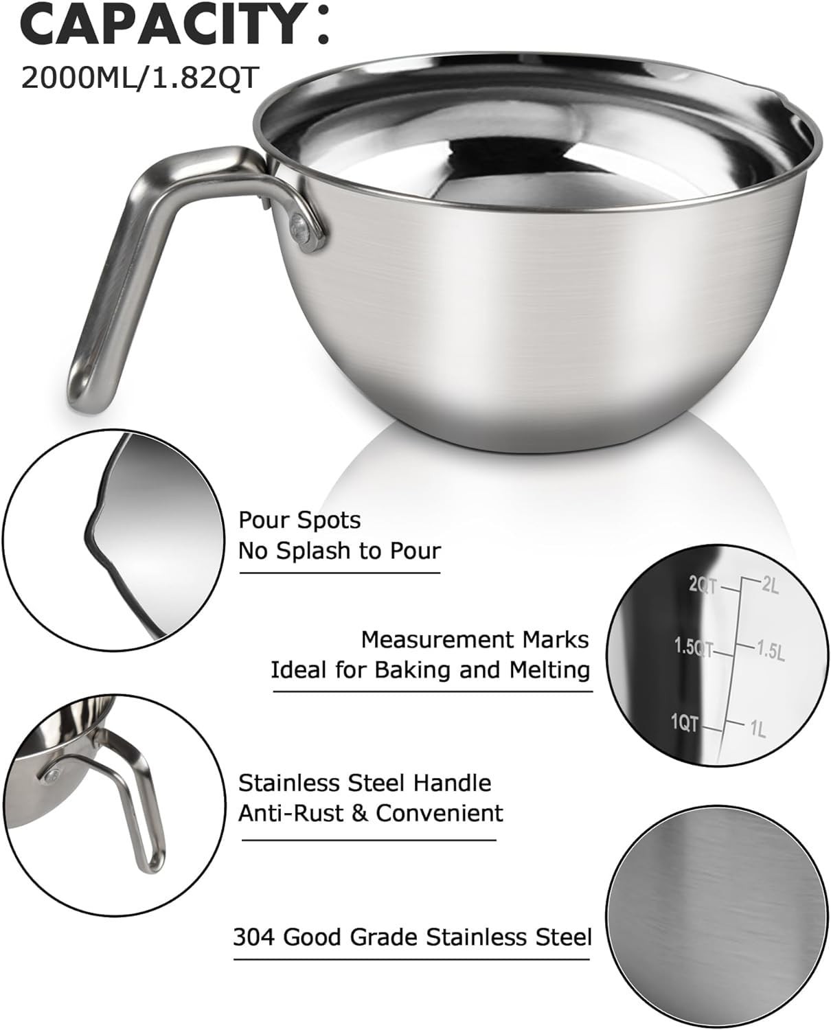 Double Boiler Pot Set 2000ML Mixing Bowl 2800ML Stainless Steel Pot Spatula