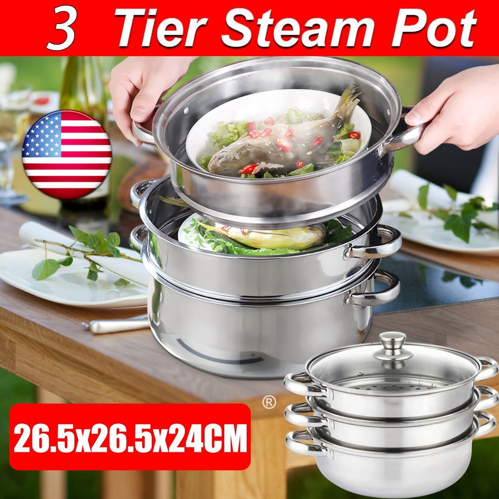 3-Tier Stainless Steel Steamer – Versatile Cooking for Home & Commercial Use USA