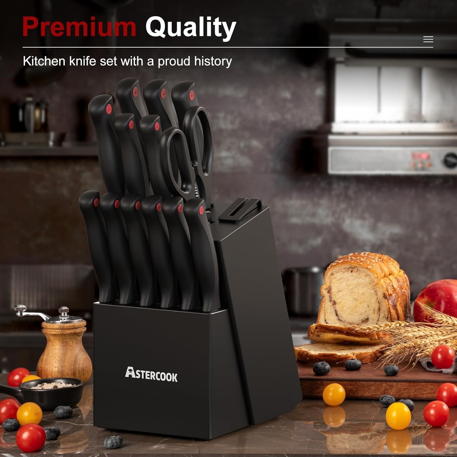 Astercook 15 Piece Kitchen Knife Set with Block Dishwasher Safe