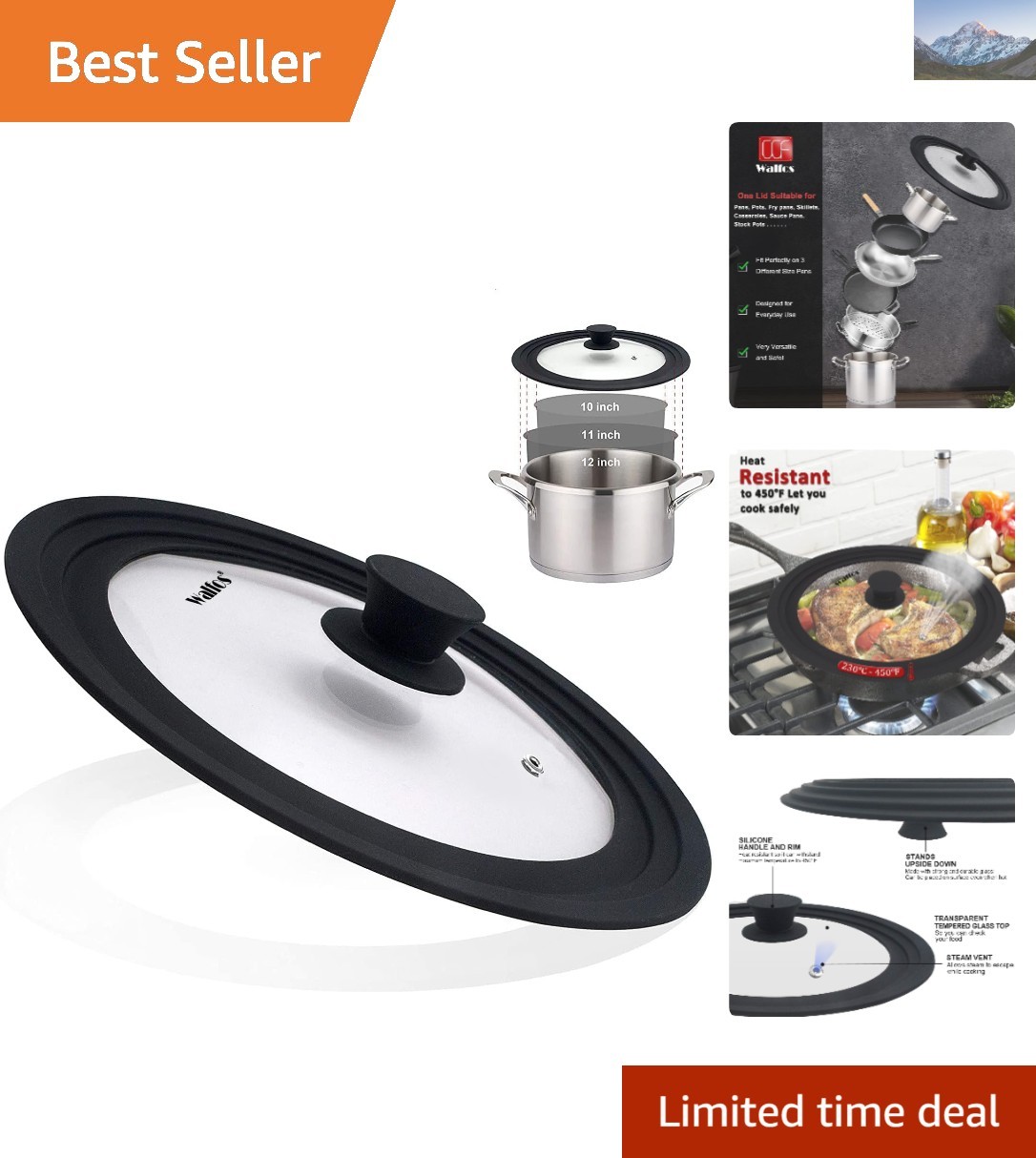 Versatile 10-12″ Pan Lid – Durable Tempered Glass with Silicone Rim & Steam Vent
