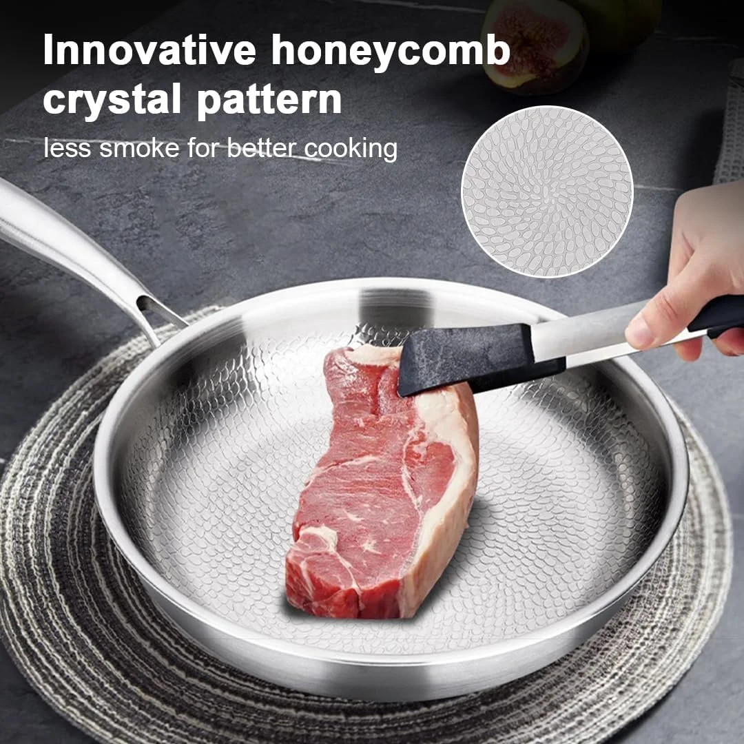 Titanium Frying Pan with Lid, 26cm Professional Stainless Steel Skillet, Nonstic