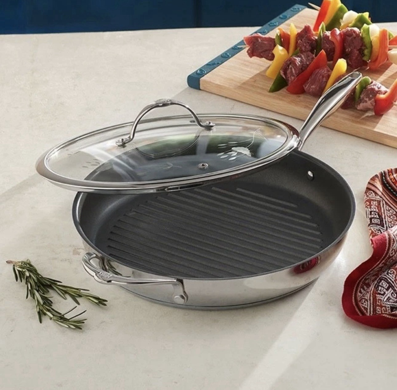 Princess House Heritage Round Non-Stick Grill Pan w/ Lid, 12in, Stainless Steel