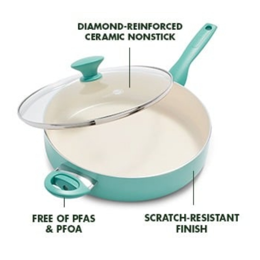 GreenPan Rio Ceramic Nonstick 5-Quart Saute Pan w/Lid Dishwasher Safe, Turquoise