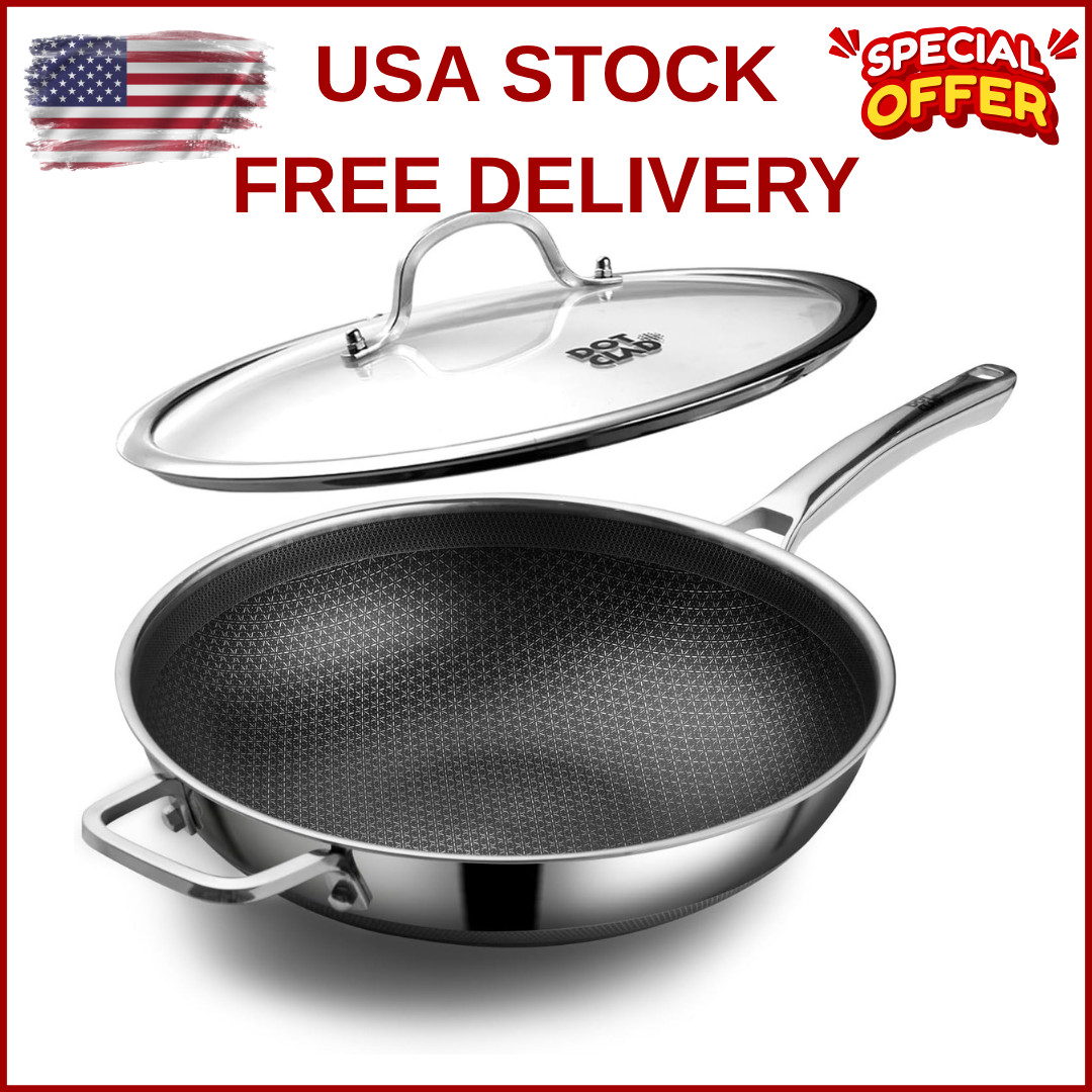 Wok Pan Hybrid 12 inch Wok with Lid Cover Stir-fry pans Nonstick Stainless Steel