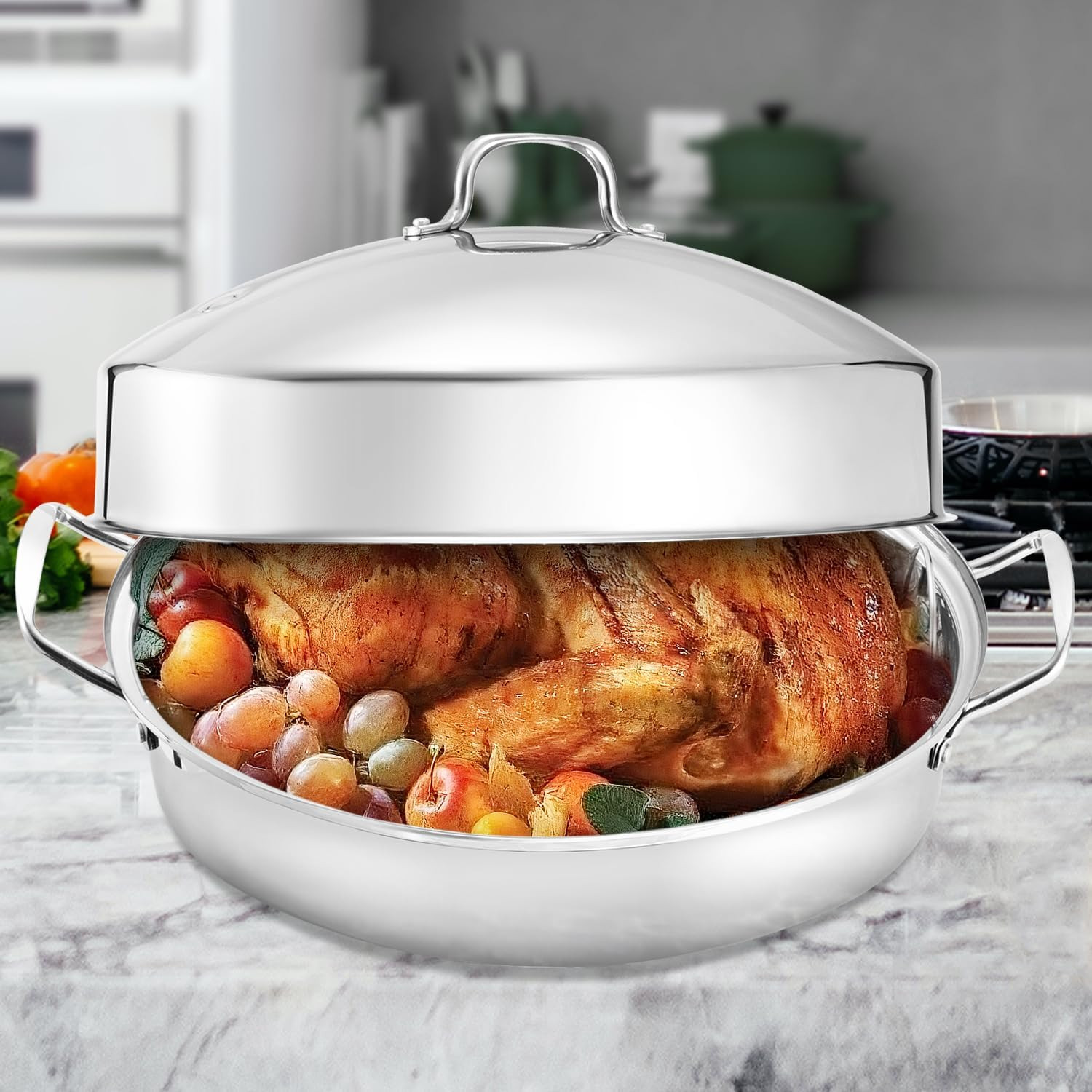 22-Inch Stainless Steel Roasting Pan with Rack & Lid – Dishwasher Safe