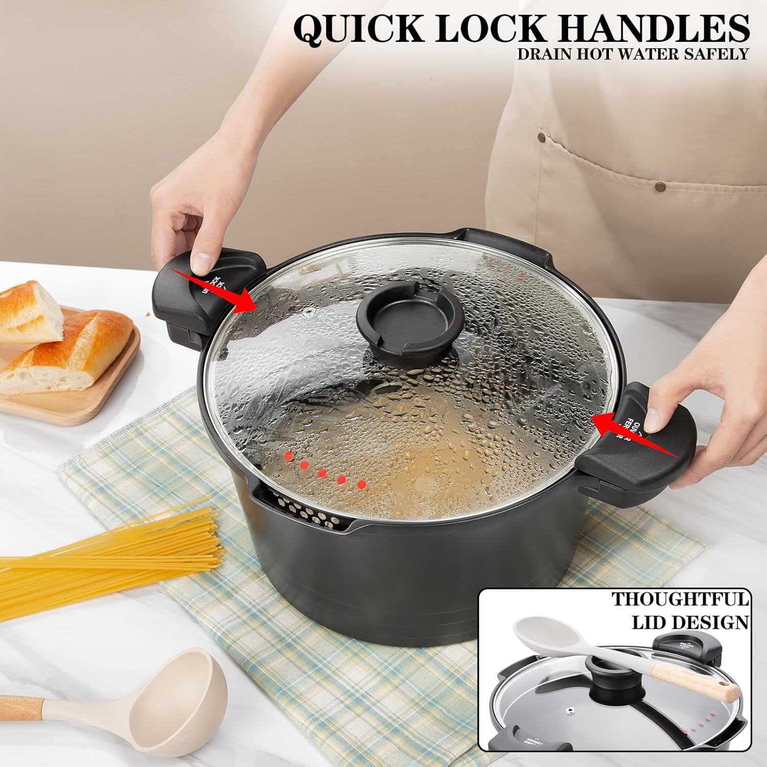 8.5Qt Nonstick Pasta Pot with Strainer Lid & Tempered Glass, Dishwasher Safe