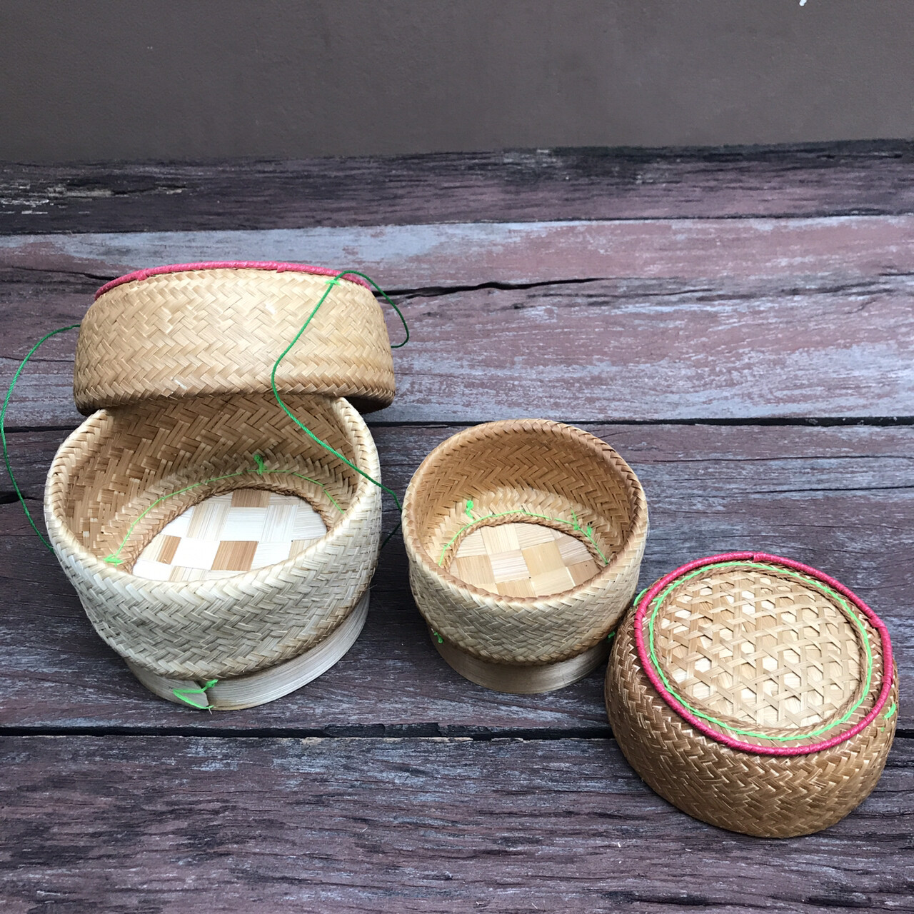 Vintage Thai Handicraft Kratip Sticky Rice Serving Natural Brown Bamboo Basket