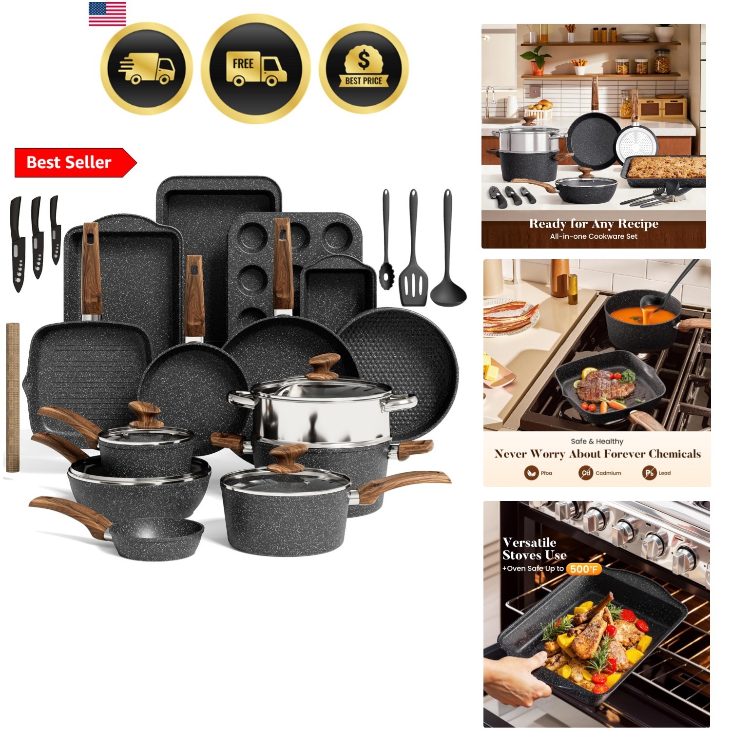 Kitchen Induction Cookware & Bakeware Set – 30 Piece Black Granite Cooking Pa…